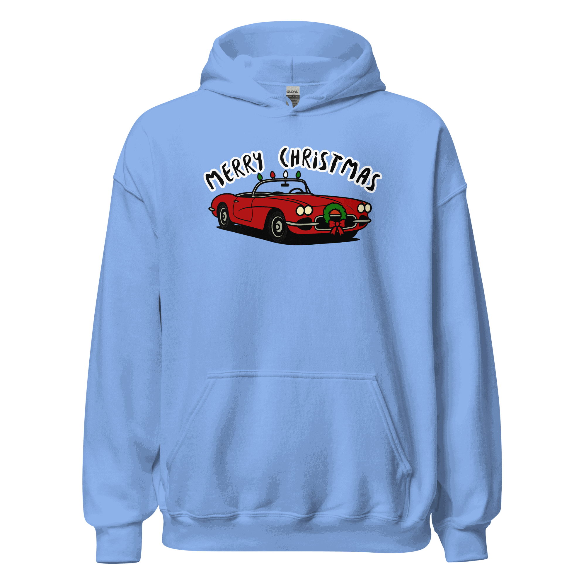 Light blue Christmas Sports Car Hoodie with red sports car and festive wreath design
