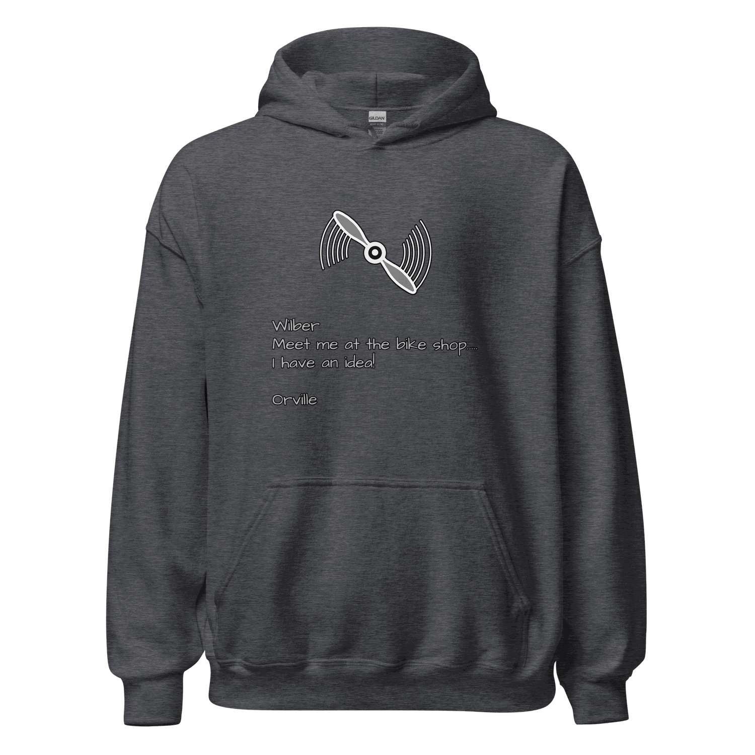 Wilber and Orville Bike Shop Hoodie dark gray with bike-themed design and front pouch pocket