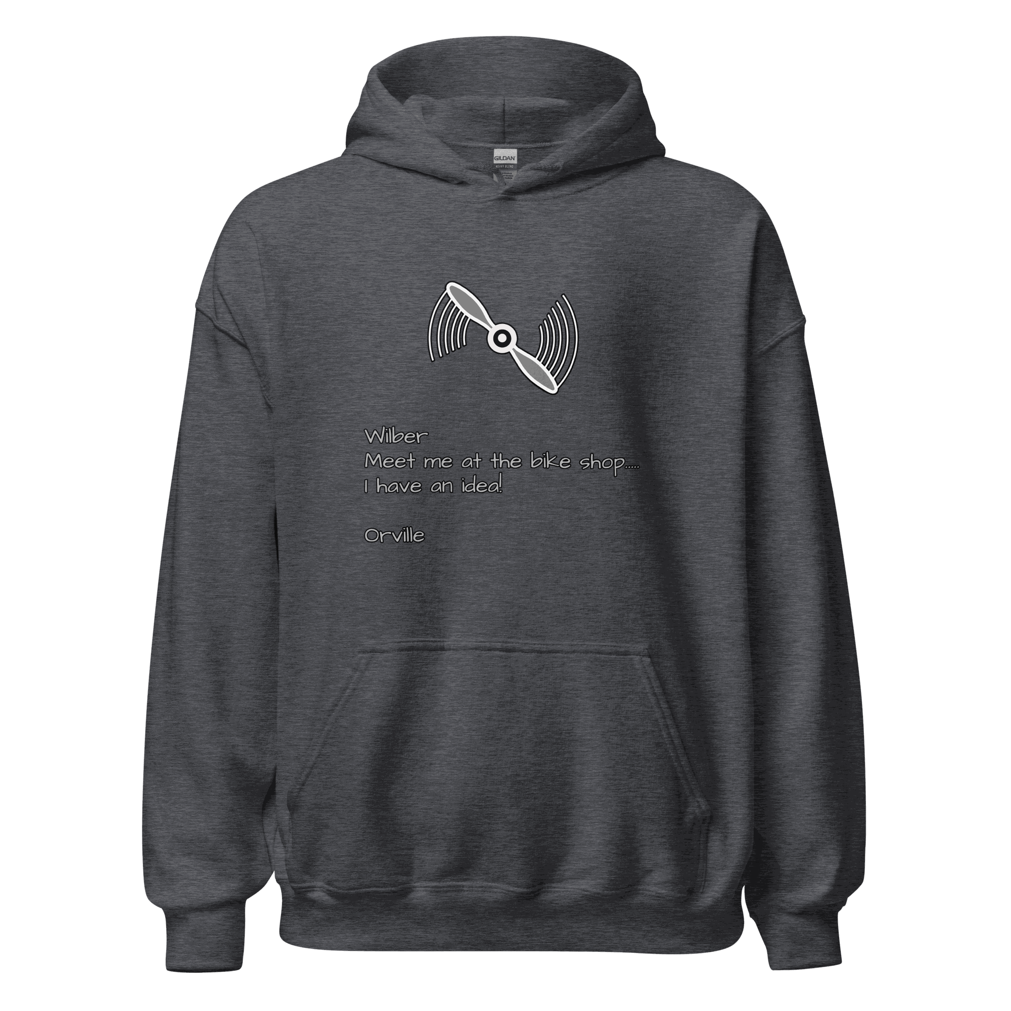 Wilber and Orville Bike Shop Hoodie dark gray with bike propeller graphic and text design