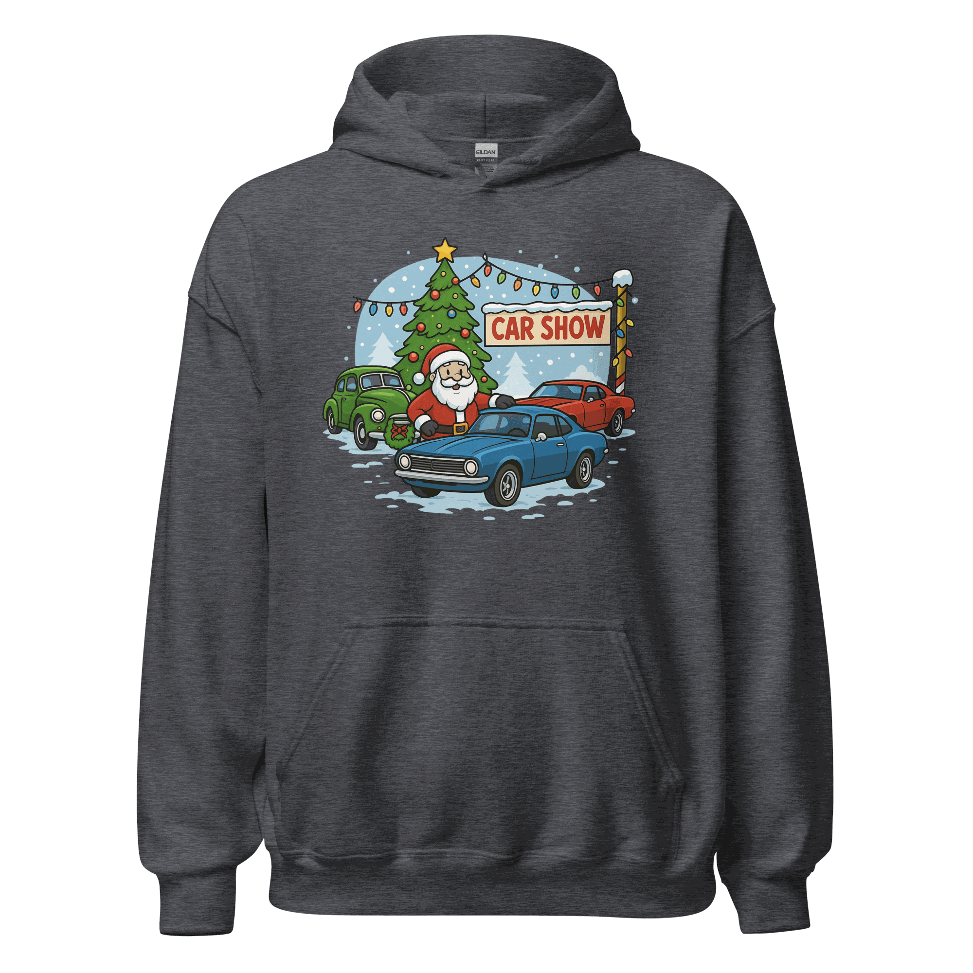 Dark navy Car Show Christmas Hoodie with festive Santa and vintage cars design, cozy cotton-poly blend sweatshirt.