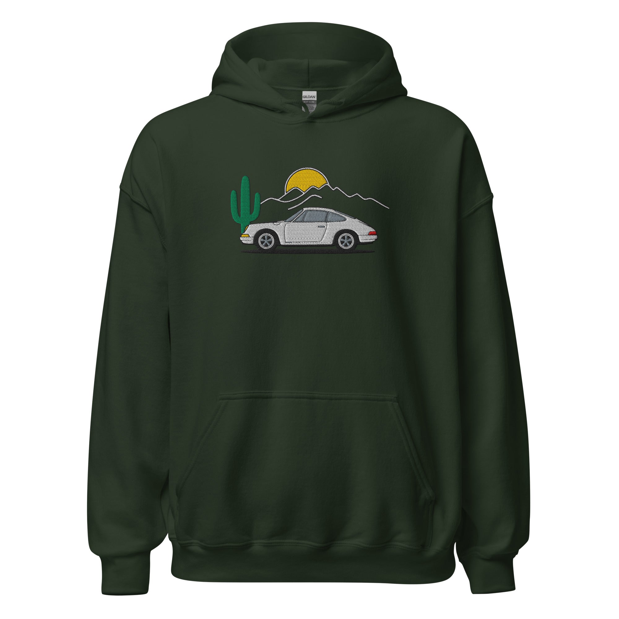 Hoodie with a white Porsche 911 and a cactus