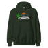 Unisex dark green hoodie with embroidered classic sports car, cactus, and sunset design
