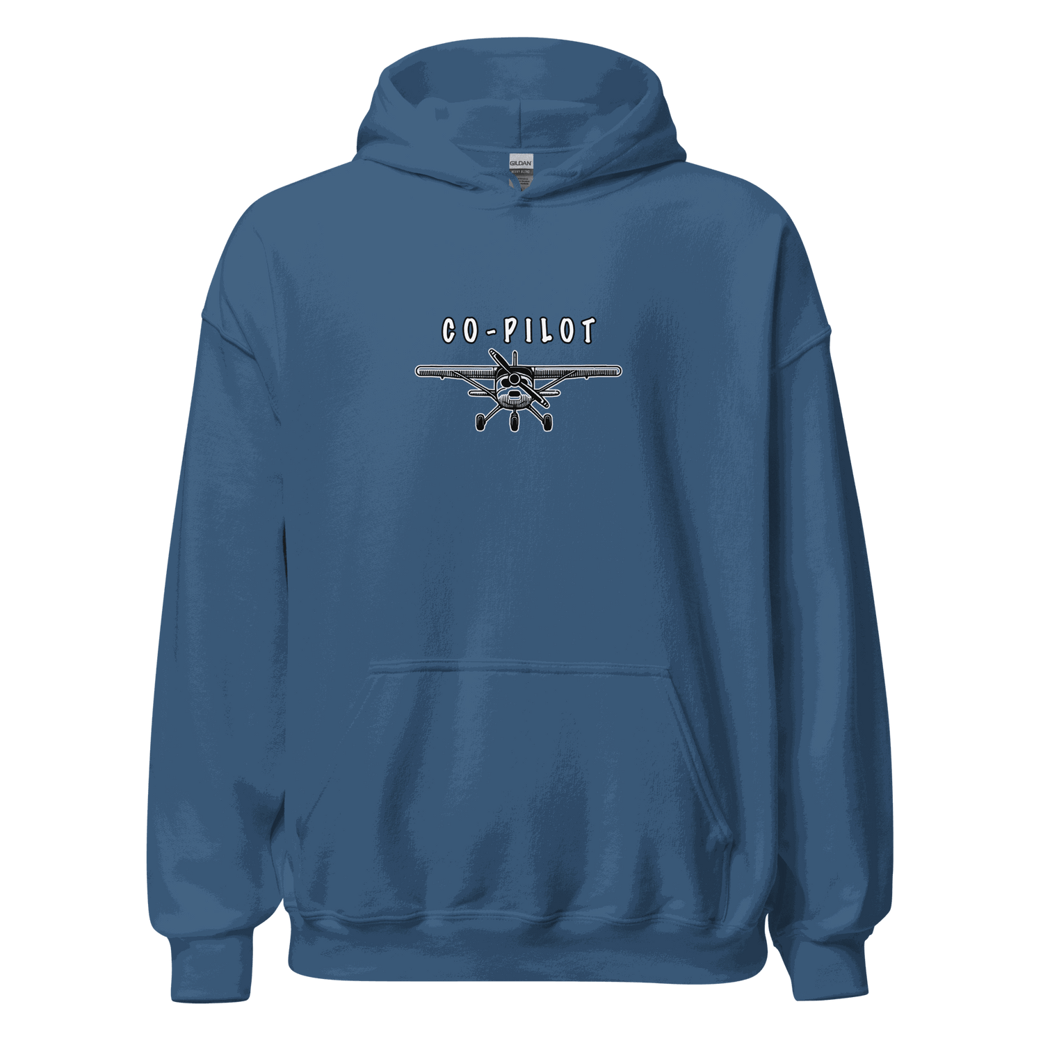 Co-Pilot Unisex Hoodie blue with airplane graphic and adjustable hood