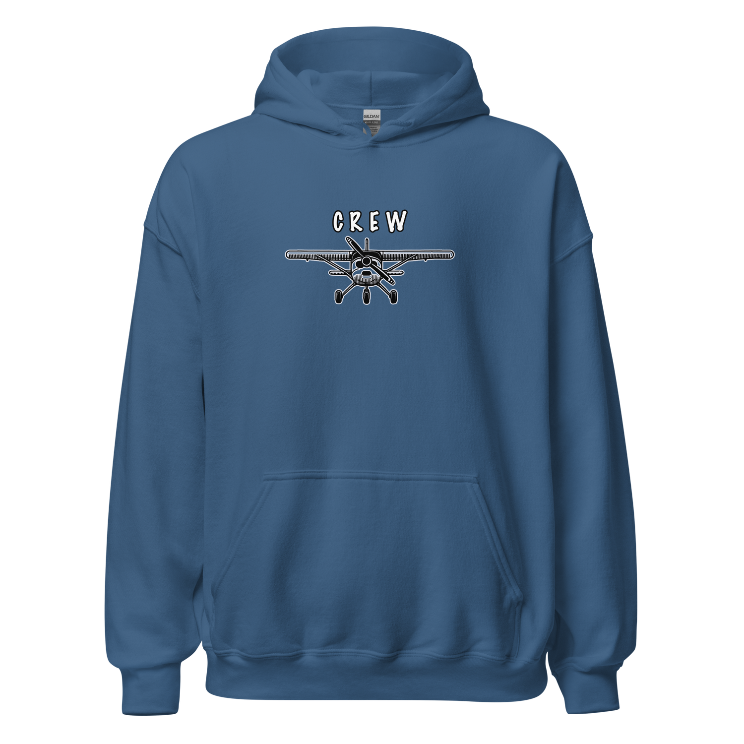 Blue Crew Unisex Hoodie with airplane graphic and front pouch pocket