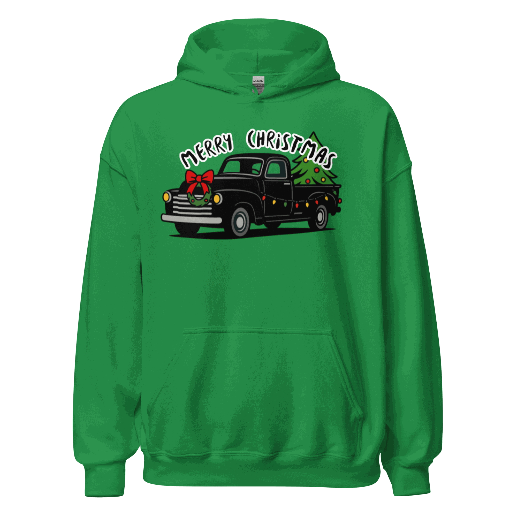 Green Christmas Classics Truck Hoodie with vintage truck and holiday tree design