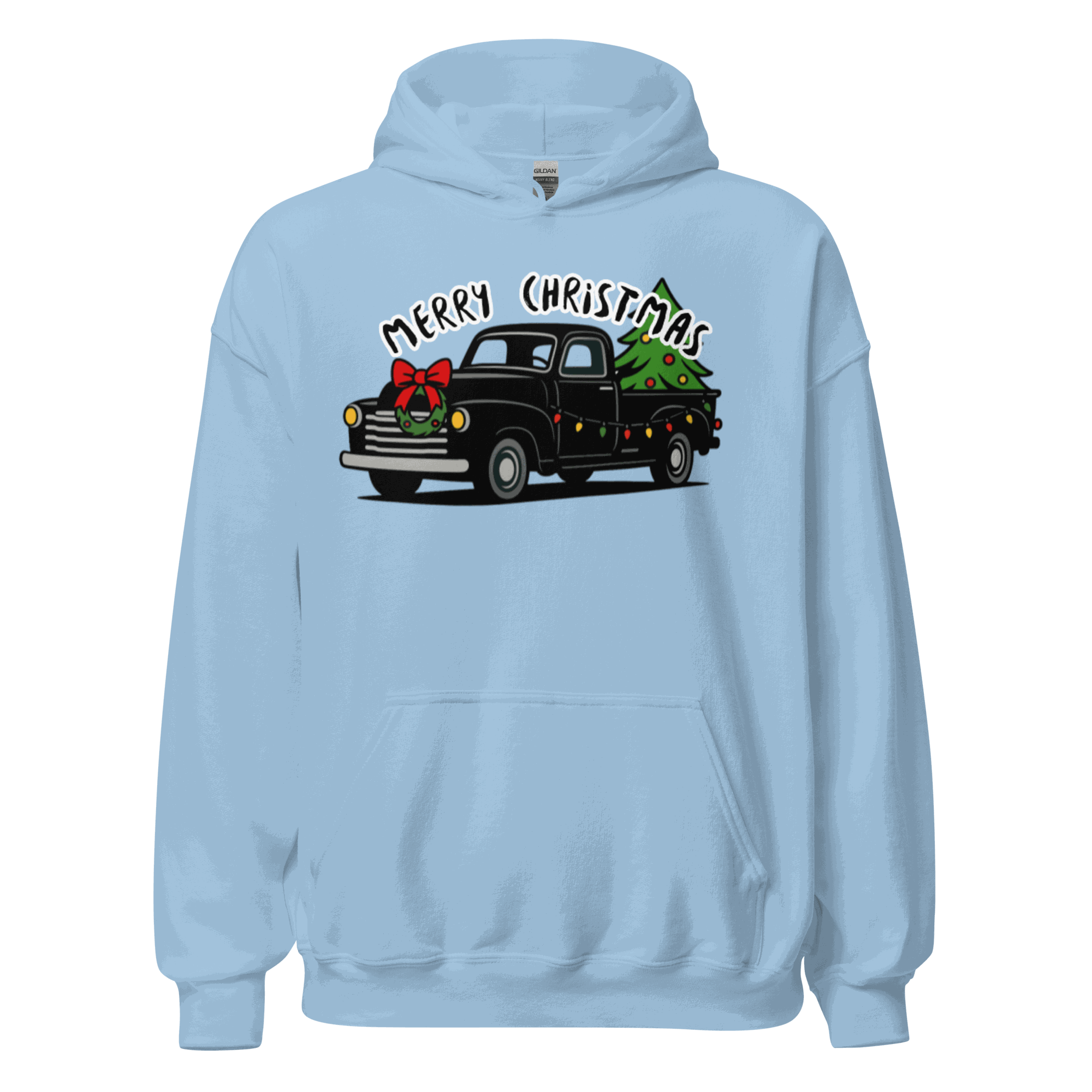 Light blue Christmas Classics Truck Hoodie with vintage truck and tree design, cozy and soft fabric for cooler evenings
