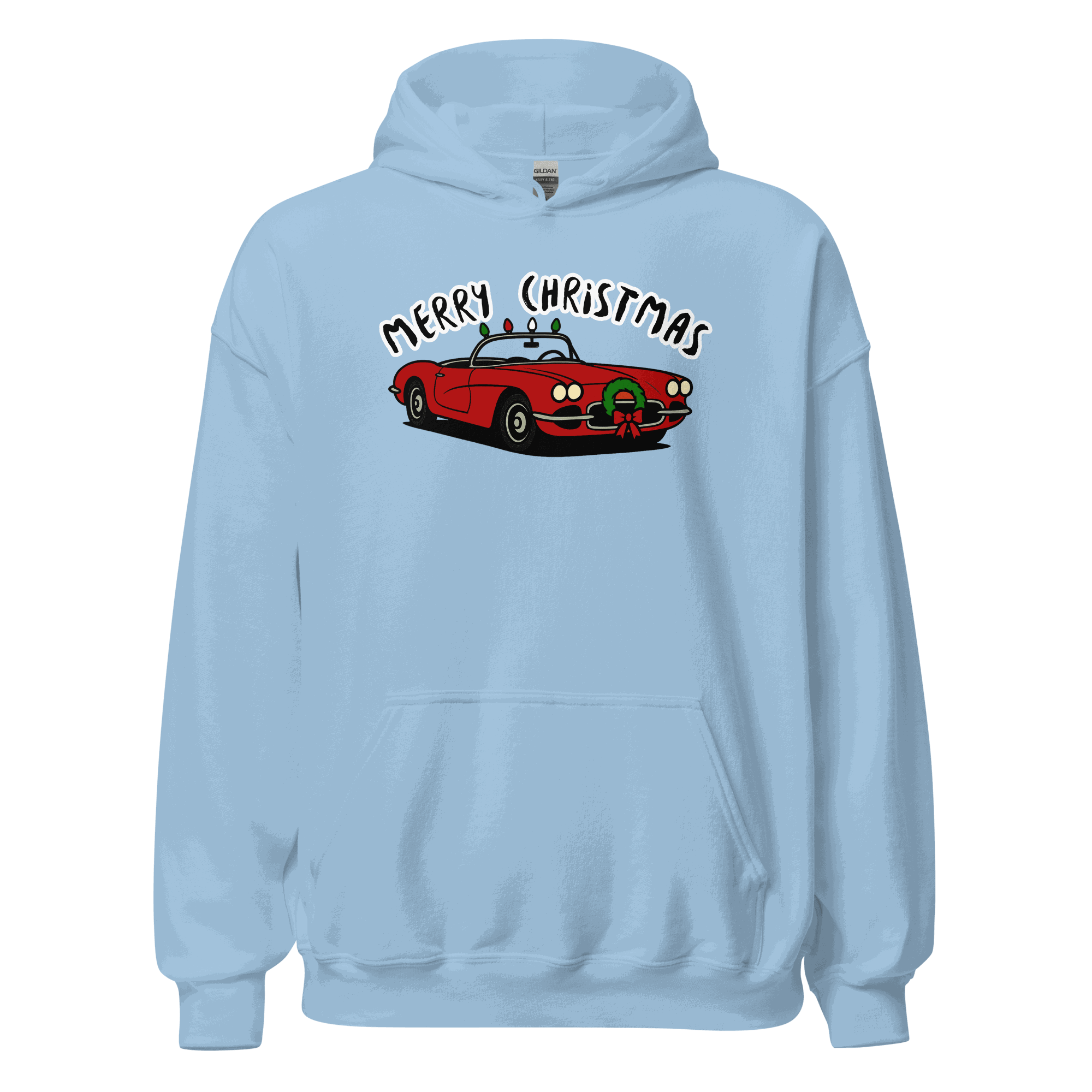 Light blue Christmas Sports Car Hoodie with red sports car and Merry Christmas text design, cozy and soft fabric with front pouch pocket and double-lined hood