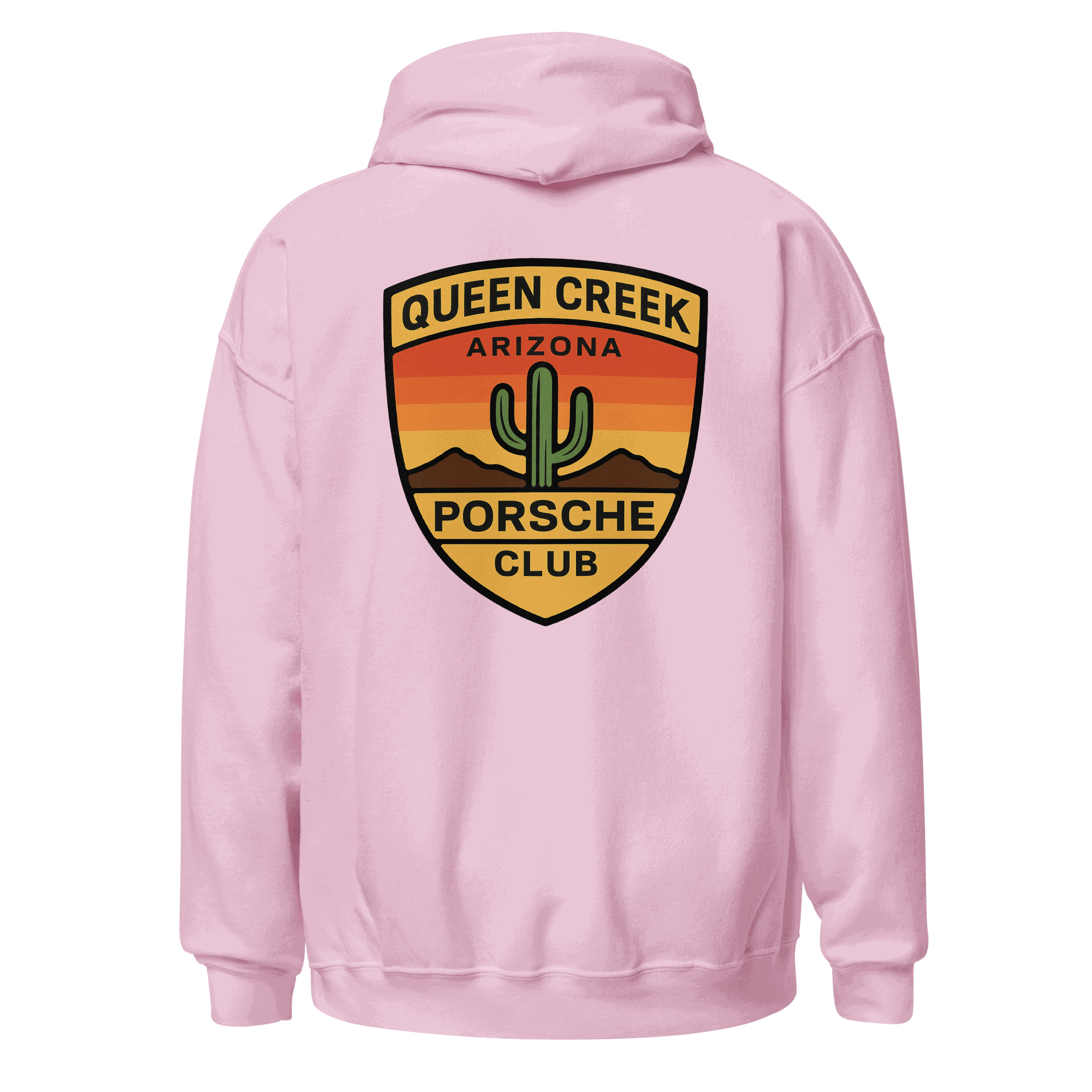 Queen Creek PCAR Club unisex hoodie in pink with Arizona desert logo on back, soft cotton blend fabric, double-lined hood and front pouch pocket