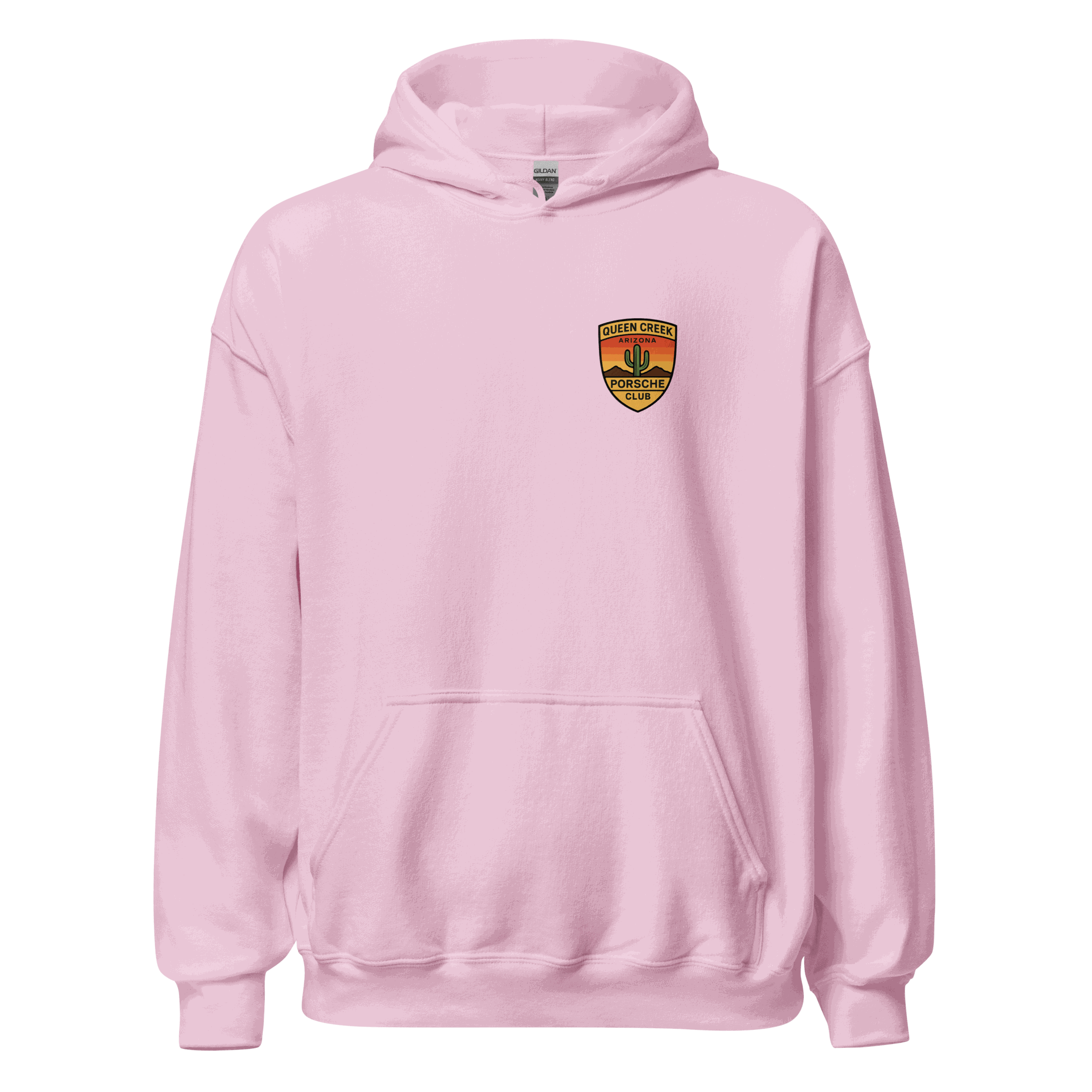 Queen Creek PCAR Club soft unisex pink hoodie with front pouch pocket and double-lined hood
