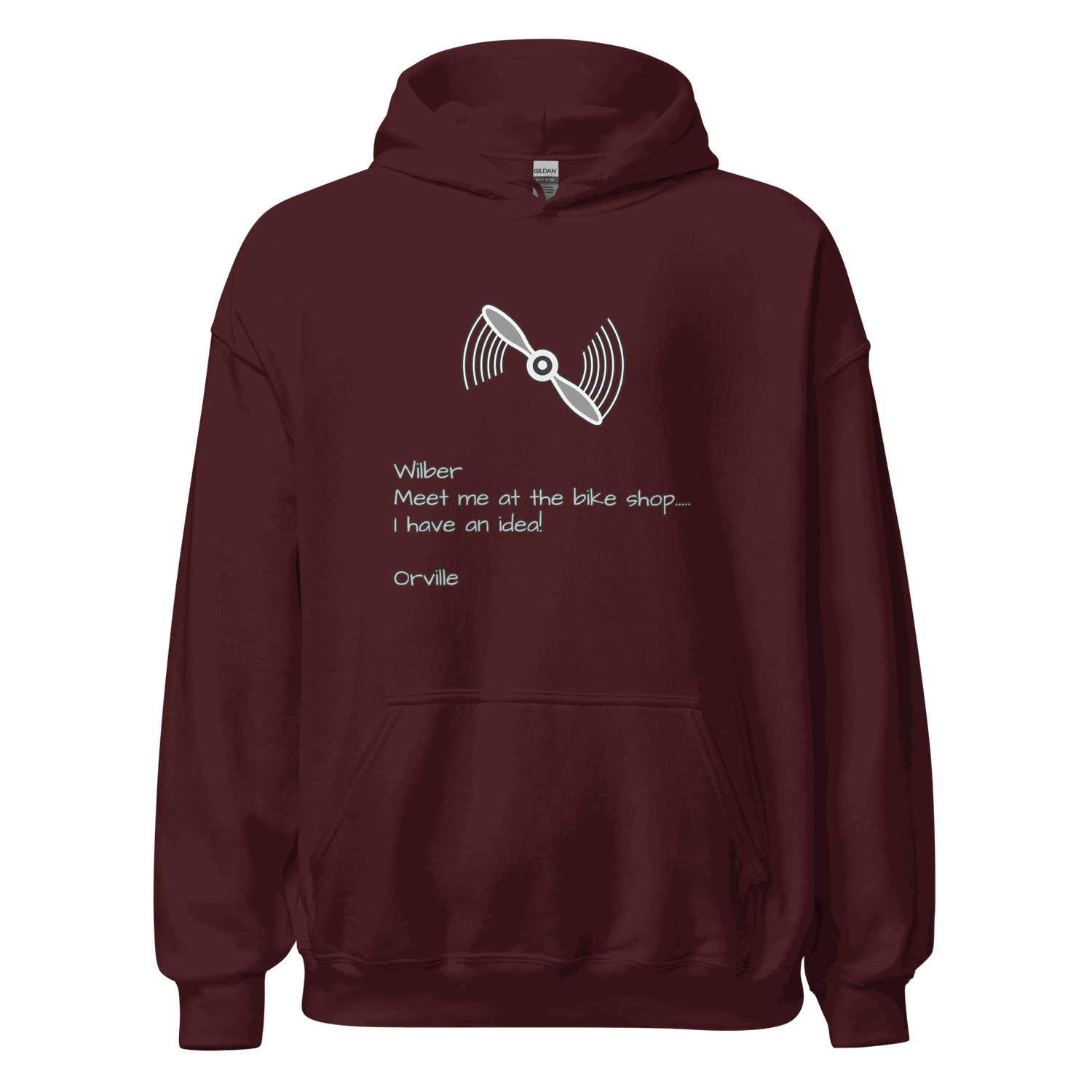 Wilber and Orville Bike Shop Hoodie maroon pullover with bike propeller graphic and text design