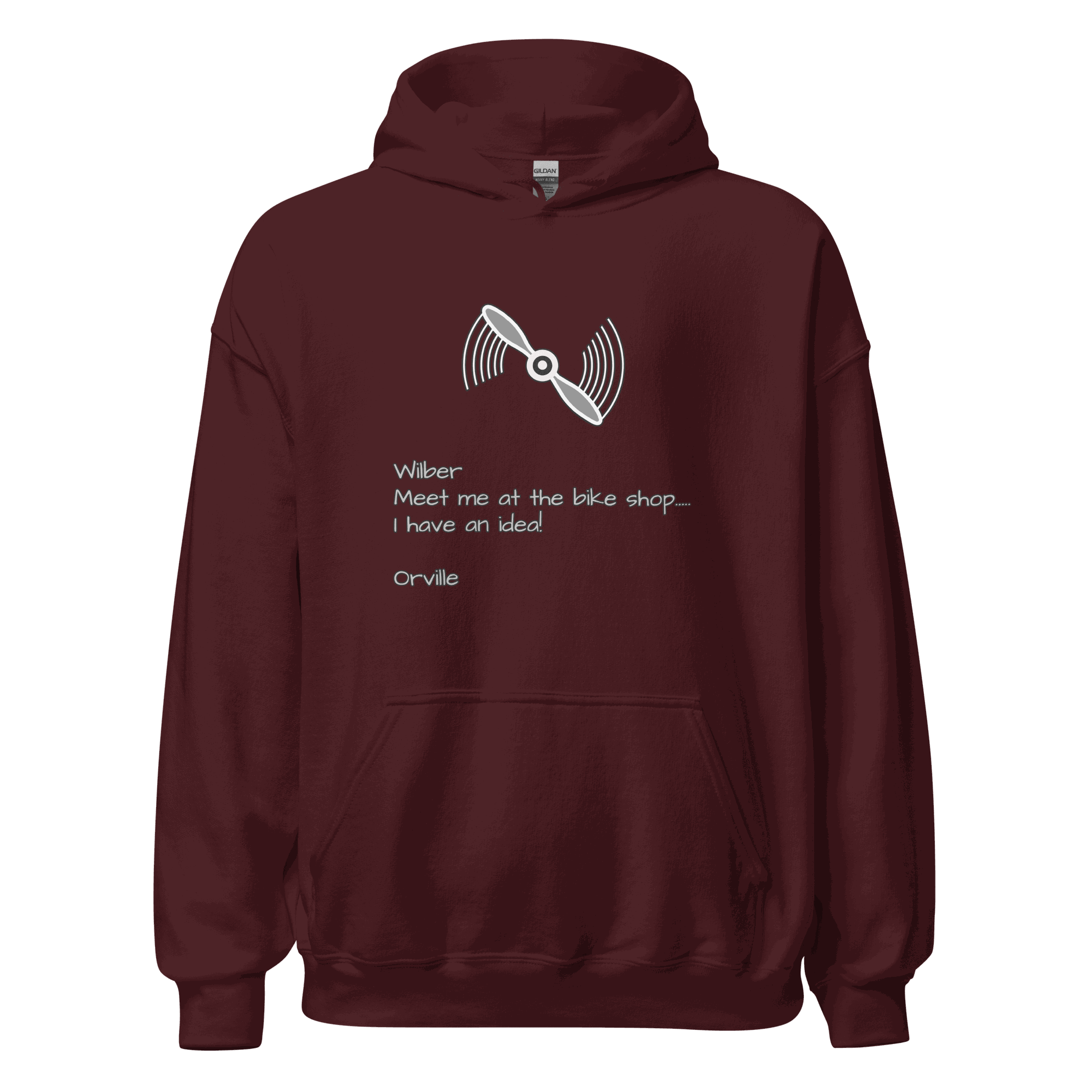 Maroon Wilber and Orville Bike Shop Hoodie with bike propeller graphic and text design