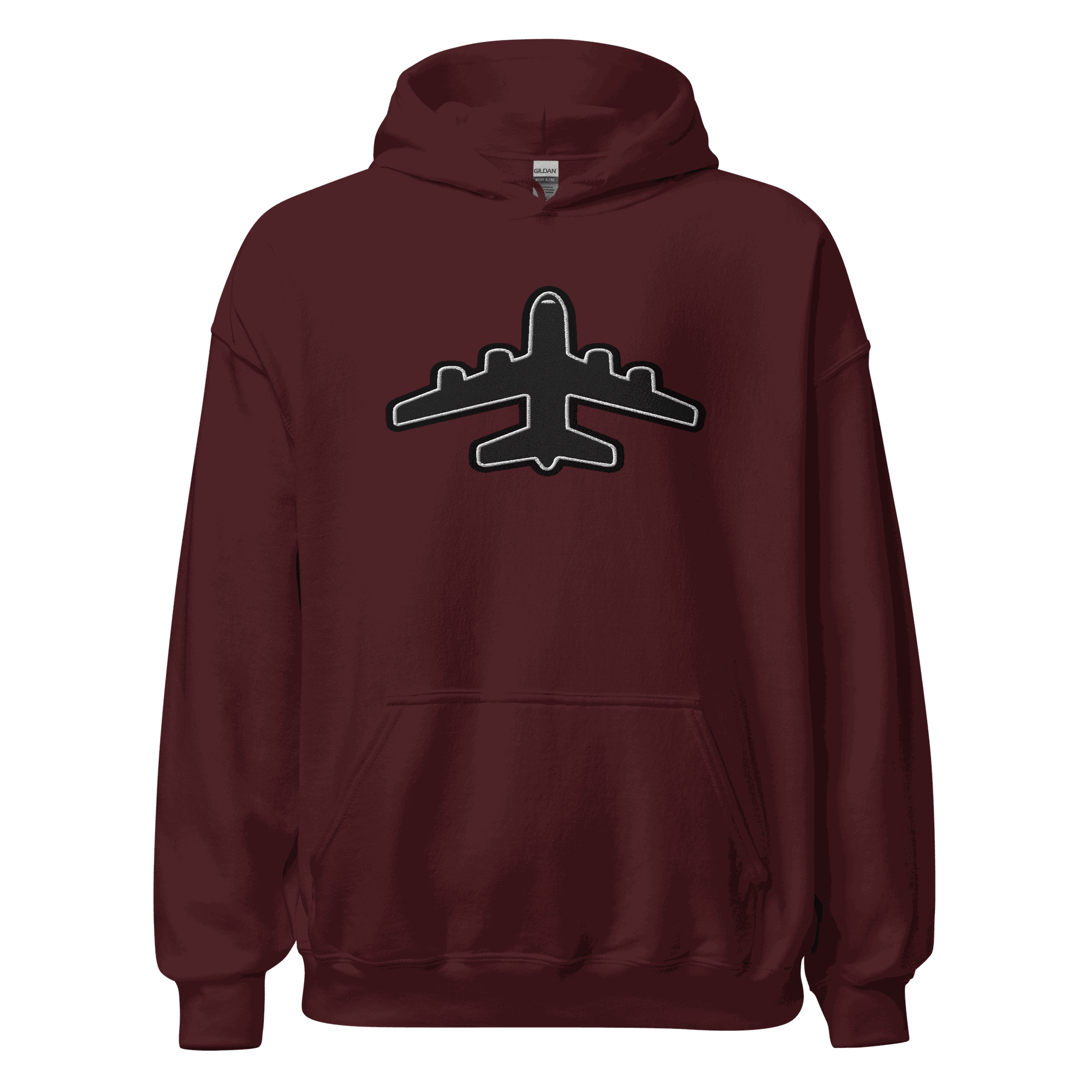 Maroon Jet pilot hoodie with jumbo jet graphic and front pouch pocket