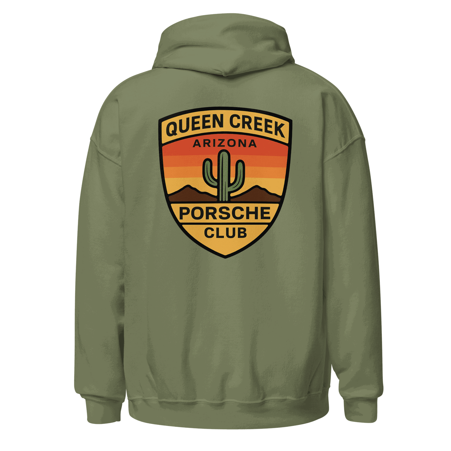 Queen Creek PCAR Club unisex olive green hoodie with Arizona Porsche Club logo on back, soft cotton-polyester blend, front pouch pocket and drawstring hood