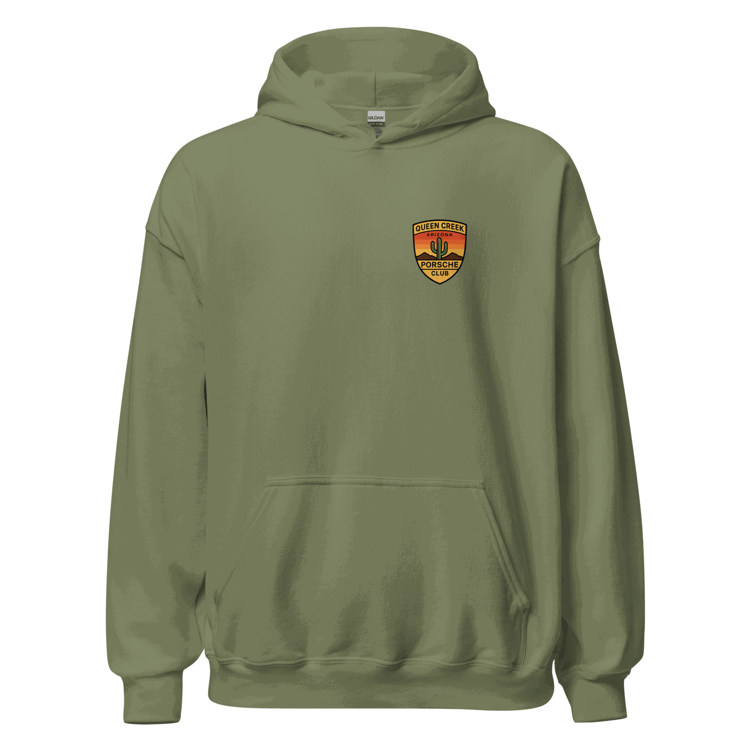 Queen Creek PCAR Club unisex green hoodie with front pocket and logo patch