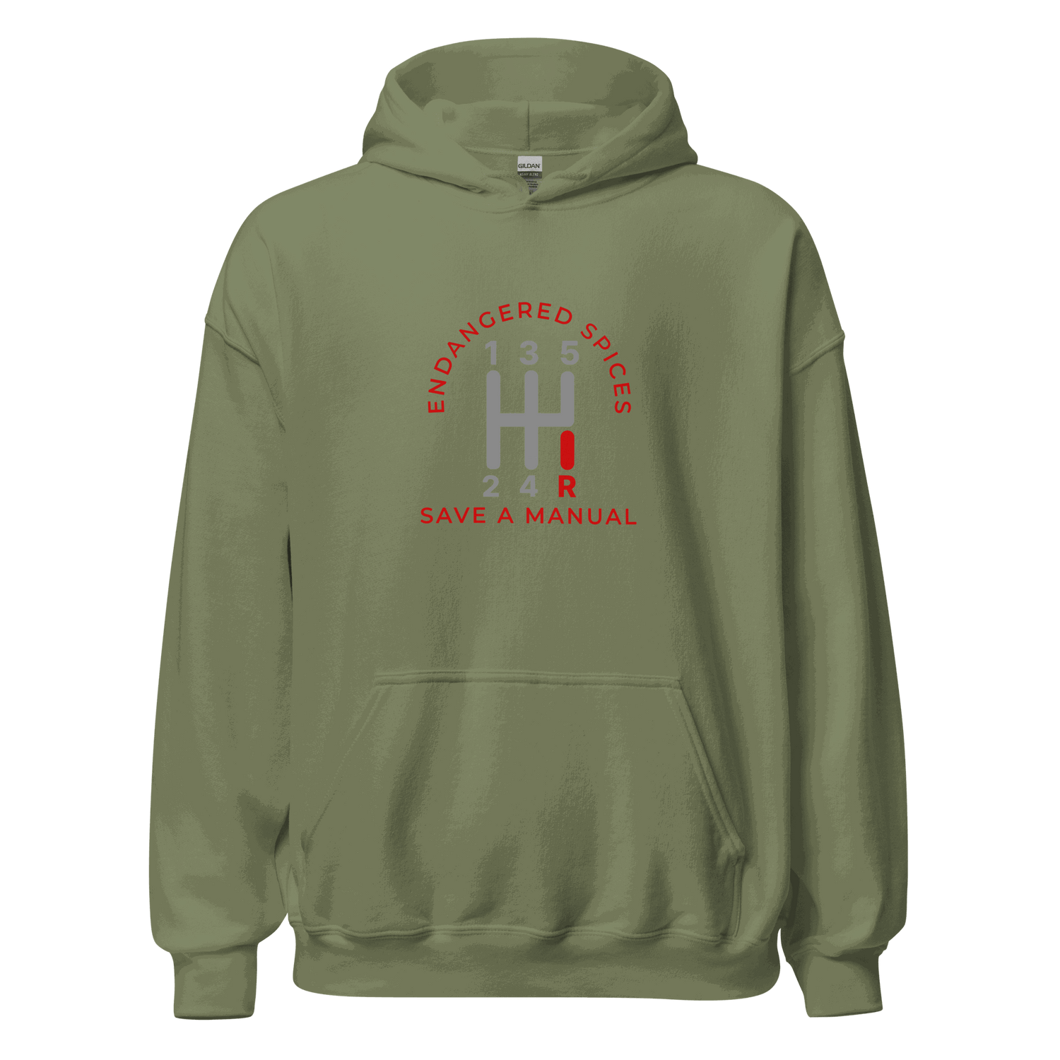Olive green Endangered Species Hoodie with manual car gear shift design and "Save a Manual" text, cozy soft fabric hoodie for cool weather
