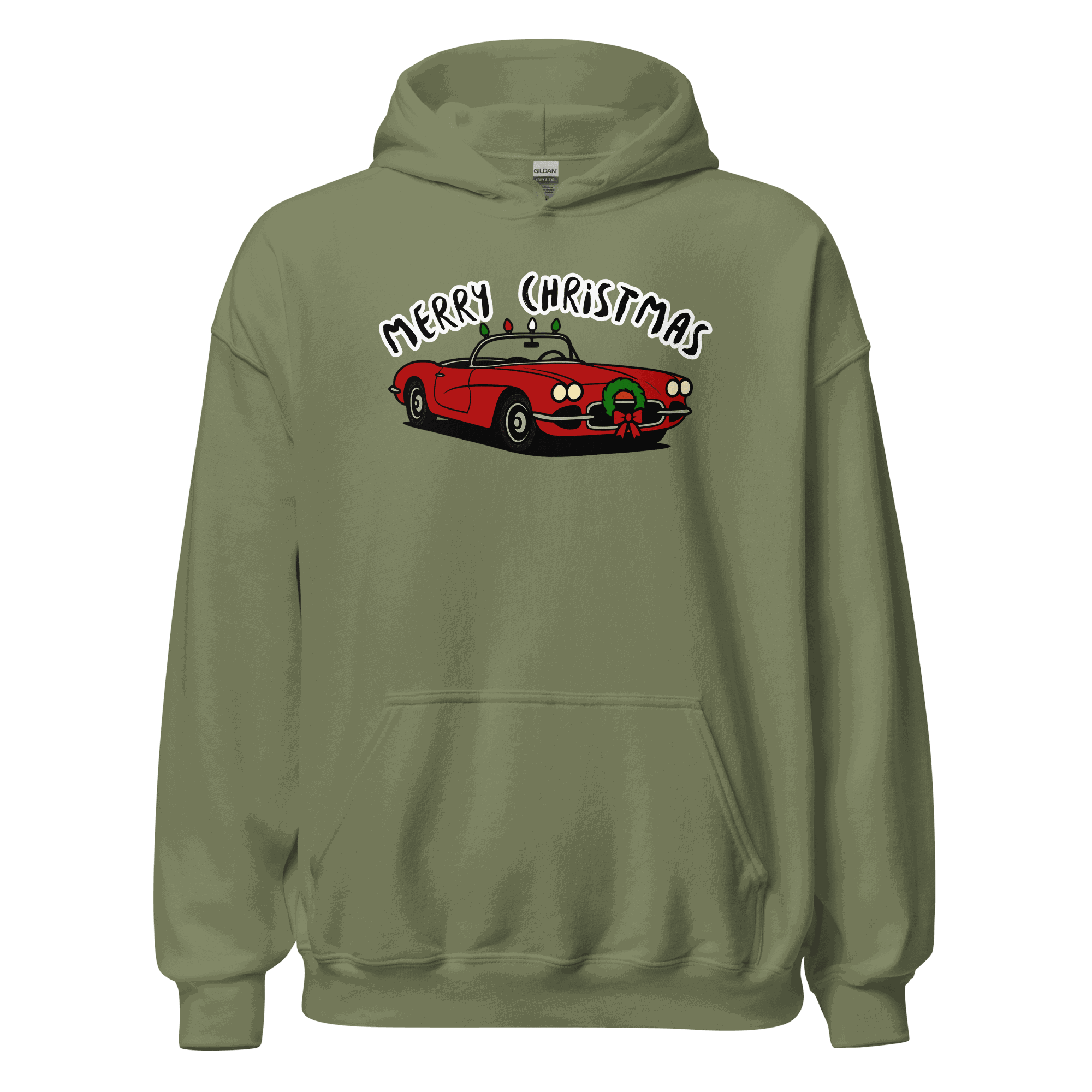 Christmas Sports Car Hoodie with red car and wreath design on green cozy sweatshirt