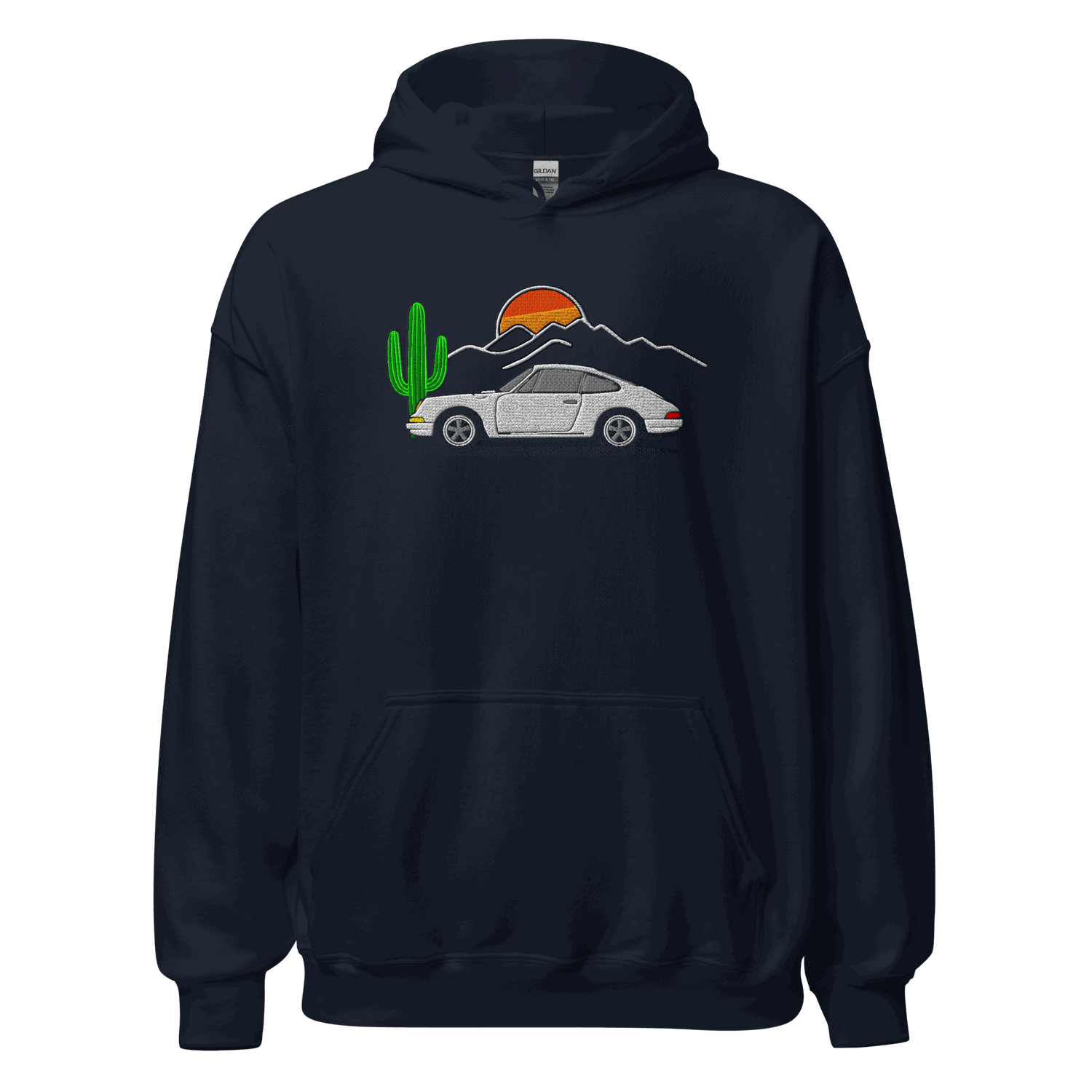 Navy embroidered sports car hoodie with desert sunset design, unisex race car enthusiast gift