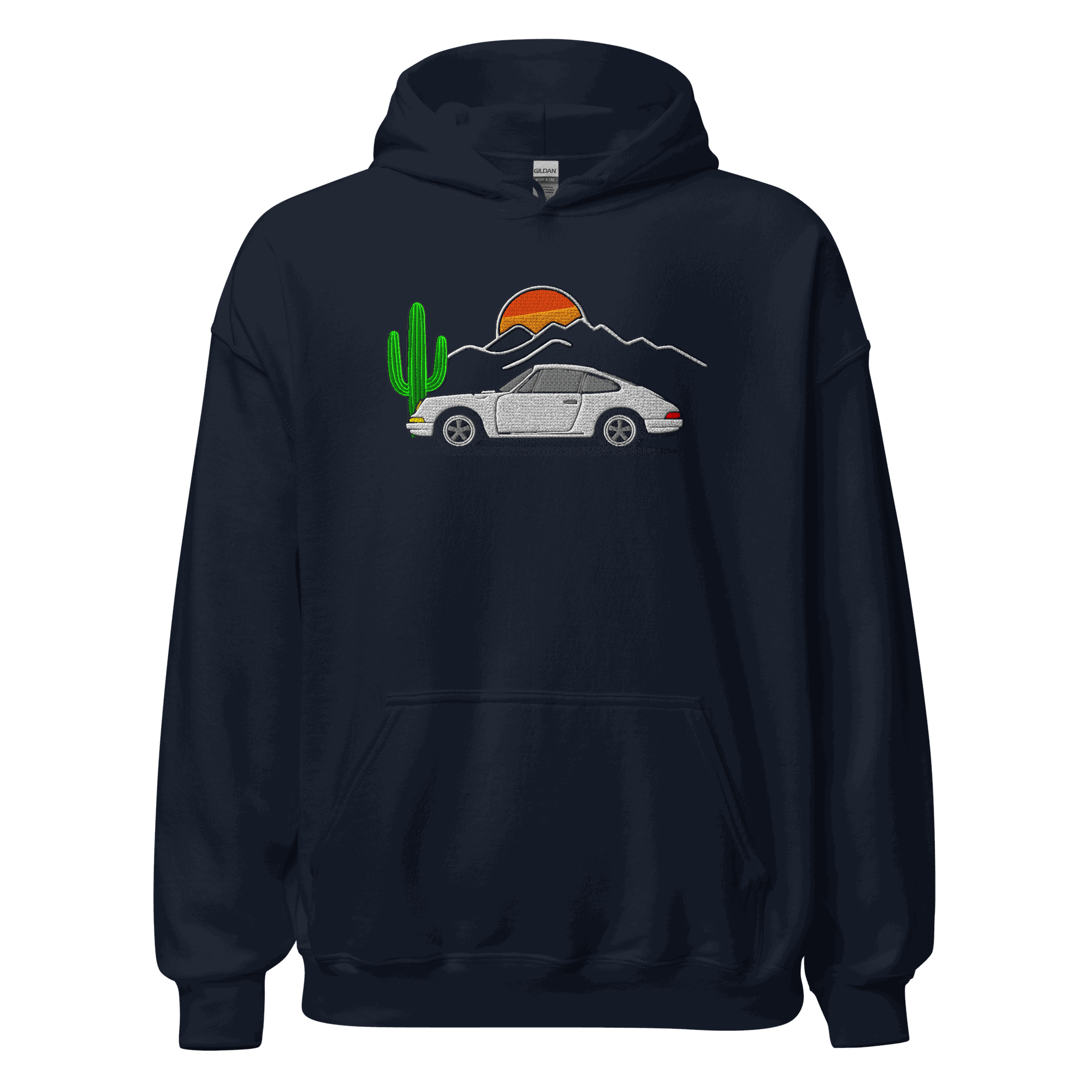 Navy unisex embroidered sports car hoodie with desert sunset design and front pouch pocket