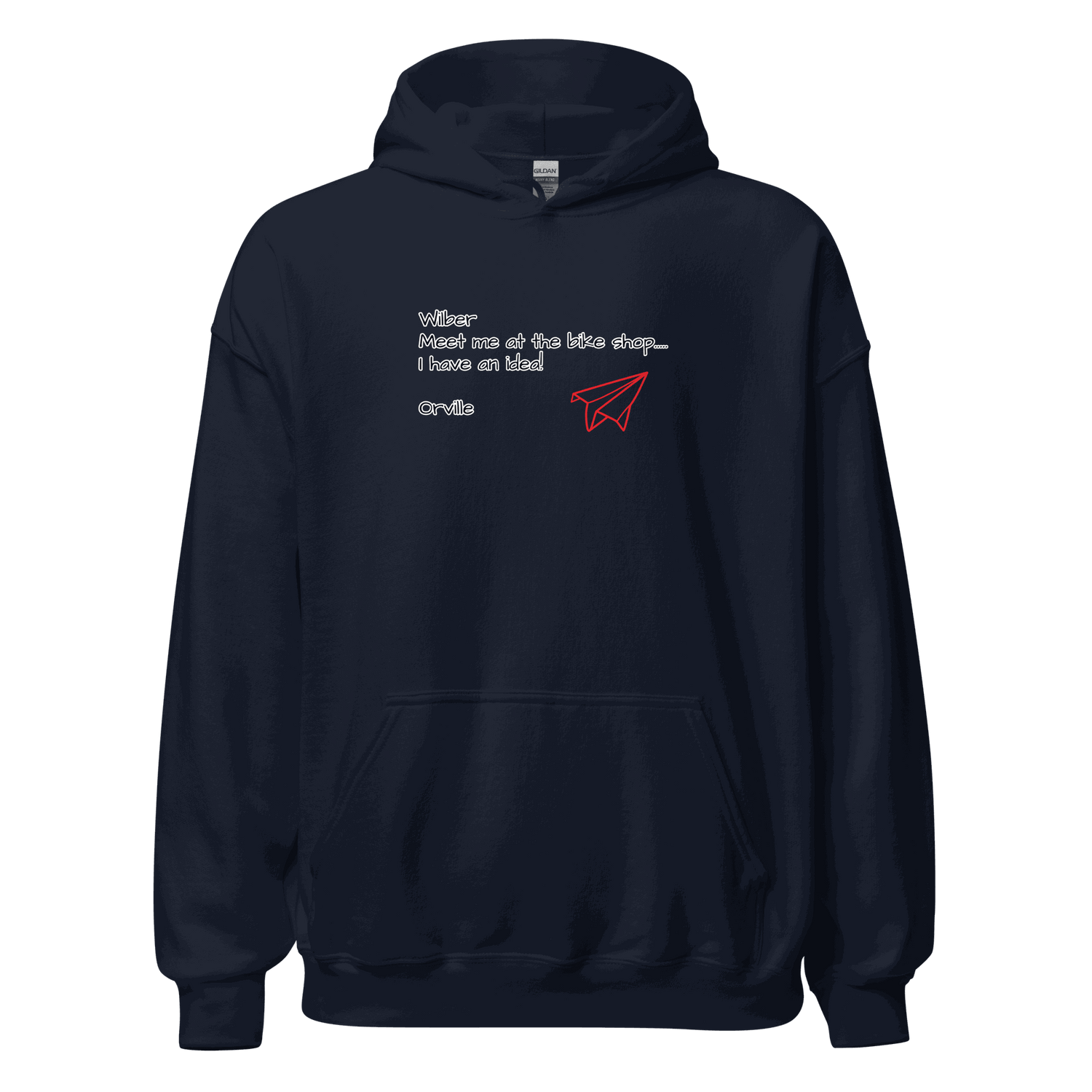 Bike Shop Unisex Hoodie navy with red paper plane graphic and front pocket, cozy and stylish for cycling and casual wear