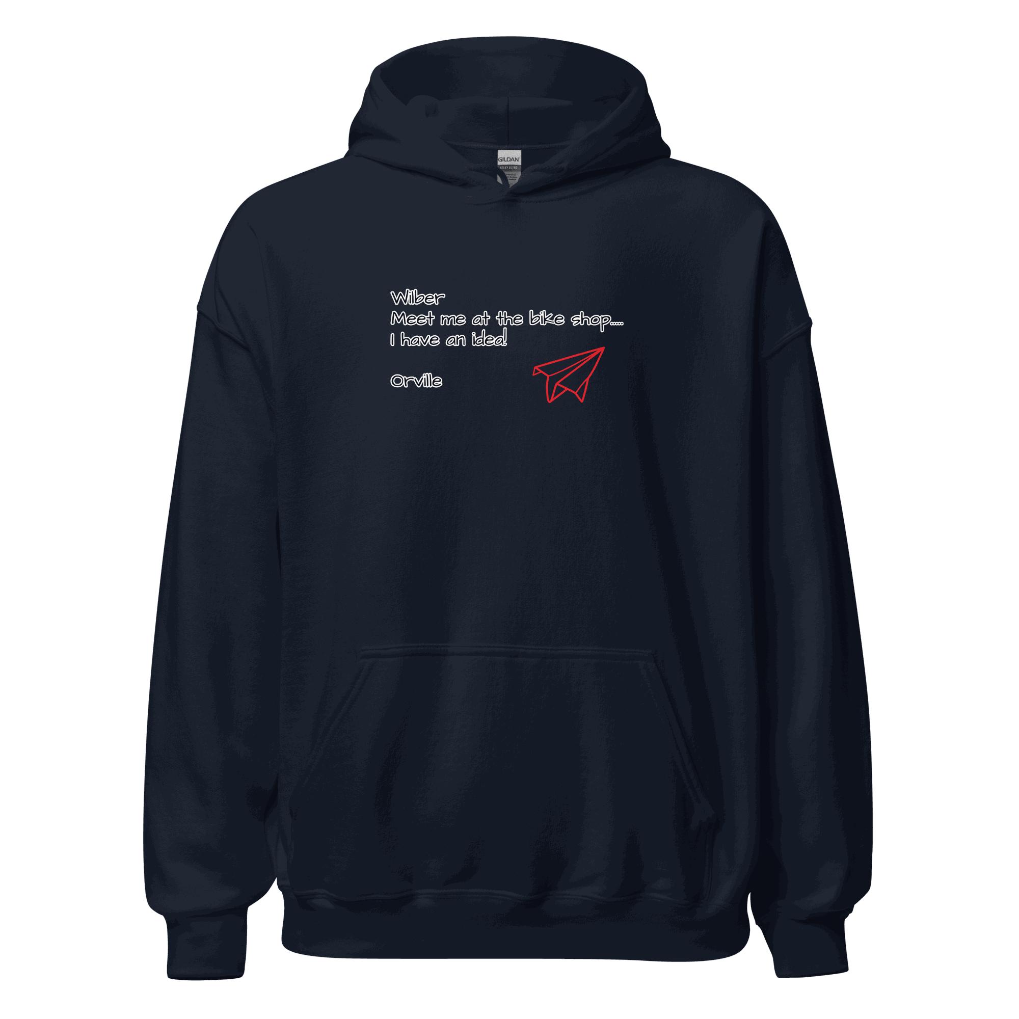 Bike Shop Unisex Hoodie navy with red paper plane graphic and front pocket, cozy and stylish for cycling and casual wear
