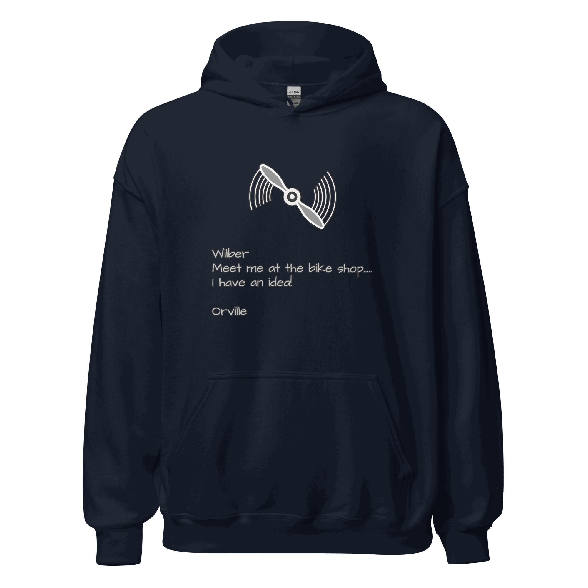 Wilber and Orville Bike Shop Hoodie navy blue with bike propeller graphic and front pouch pocket