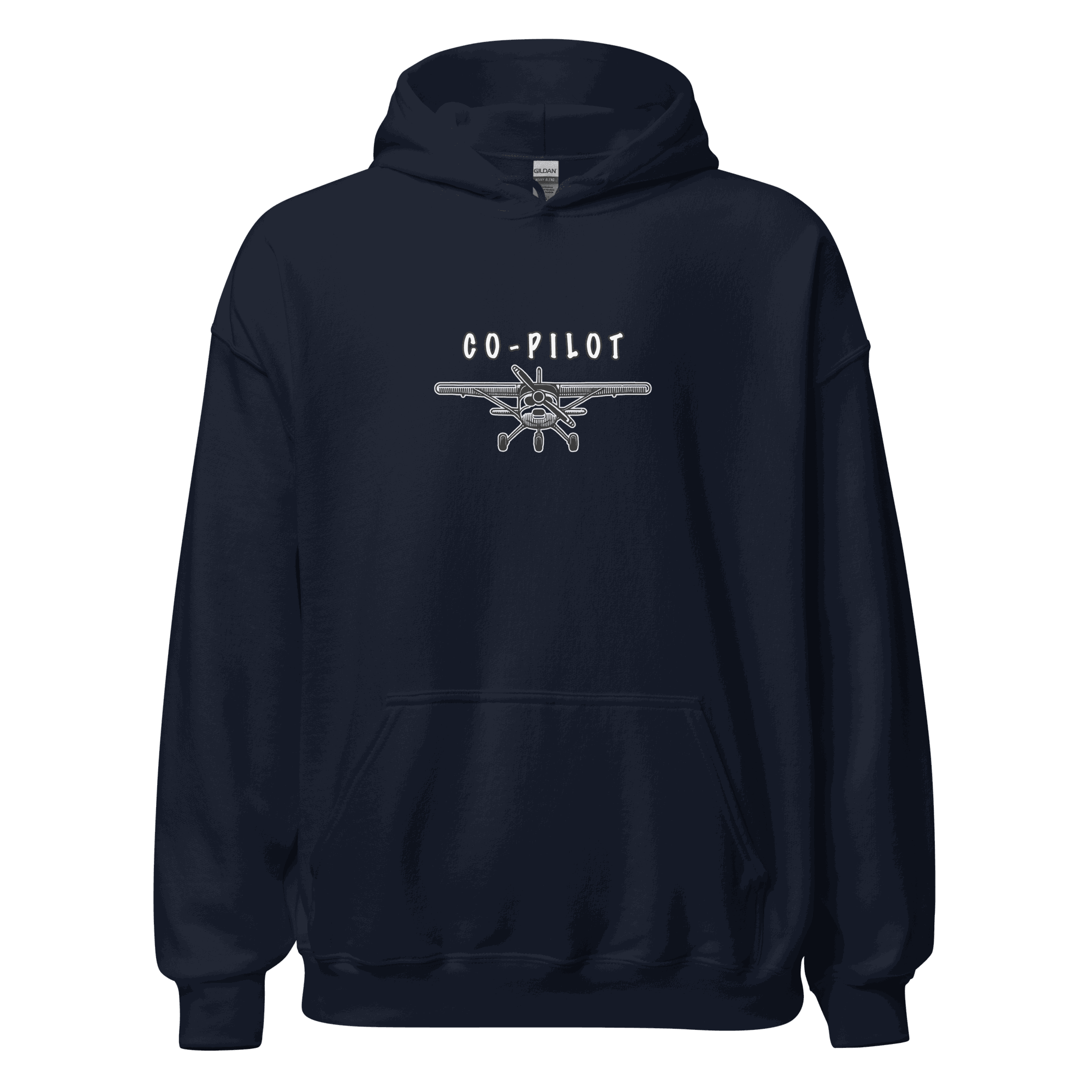 Co-Pilot Unisex Hoodie black with airplane graphic and adjustable hood