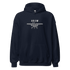 Crew unisex hoodie in navy blue with airplane graphic and front pouch pocket, made from soft cotton-polyester blend