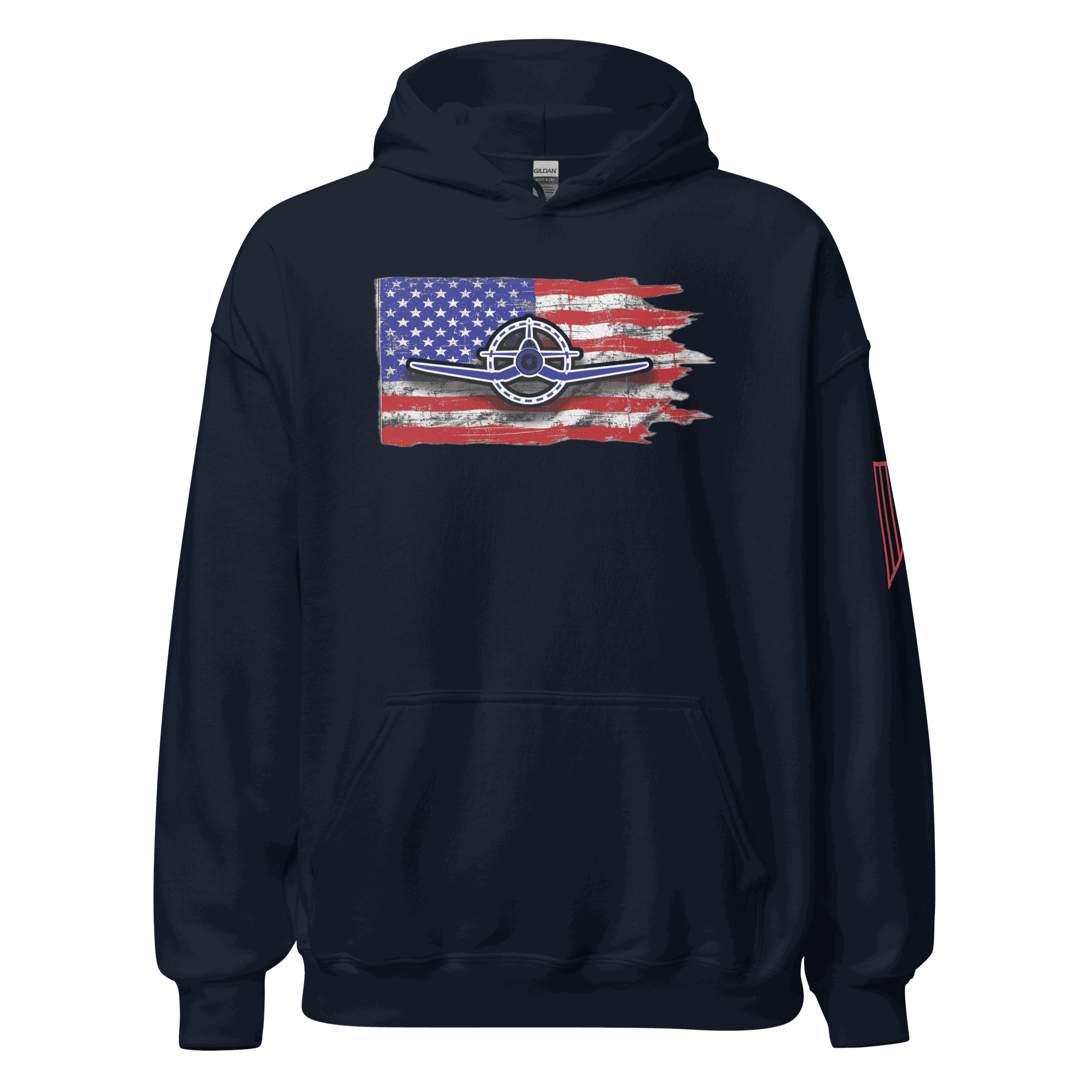 F4U Flag Unisex Hoodie featuring a vintage aviation design on an American flag background, perfect for pilots and aviation enthusiasts.