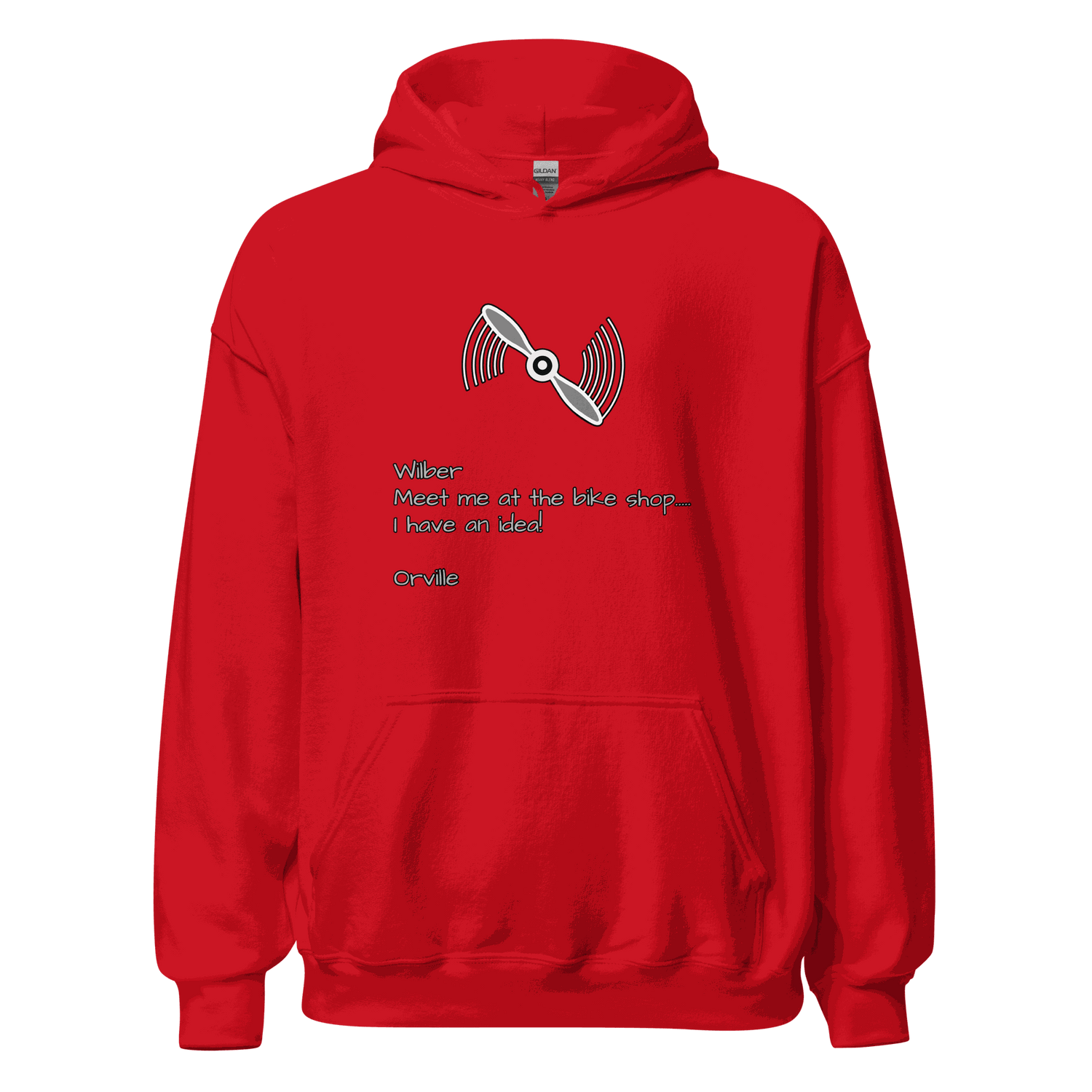 Red Wilber and Orville Bike Shop Hoodie with bike propeller graphic and text design, soft cotton blend pullover with front pouch pocket and drawstring hood.