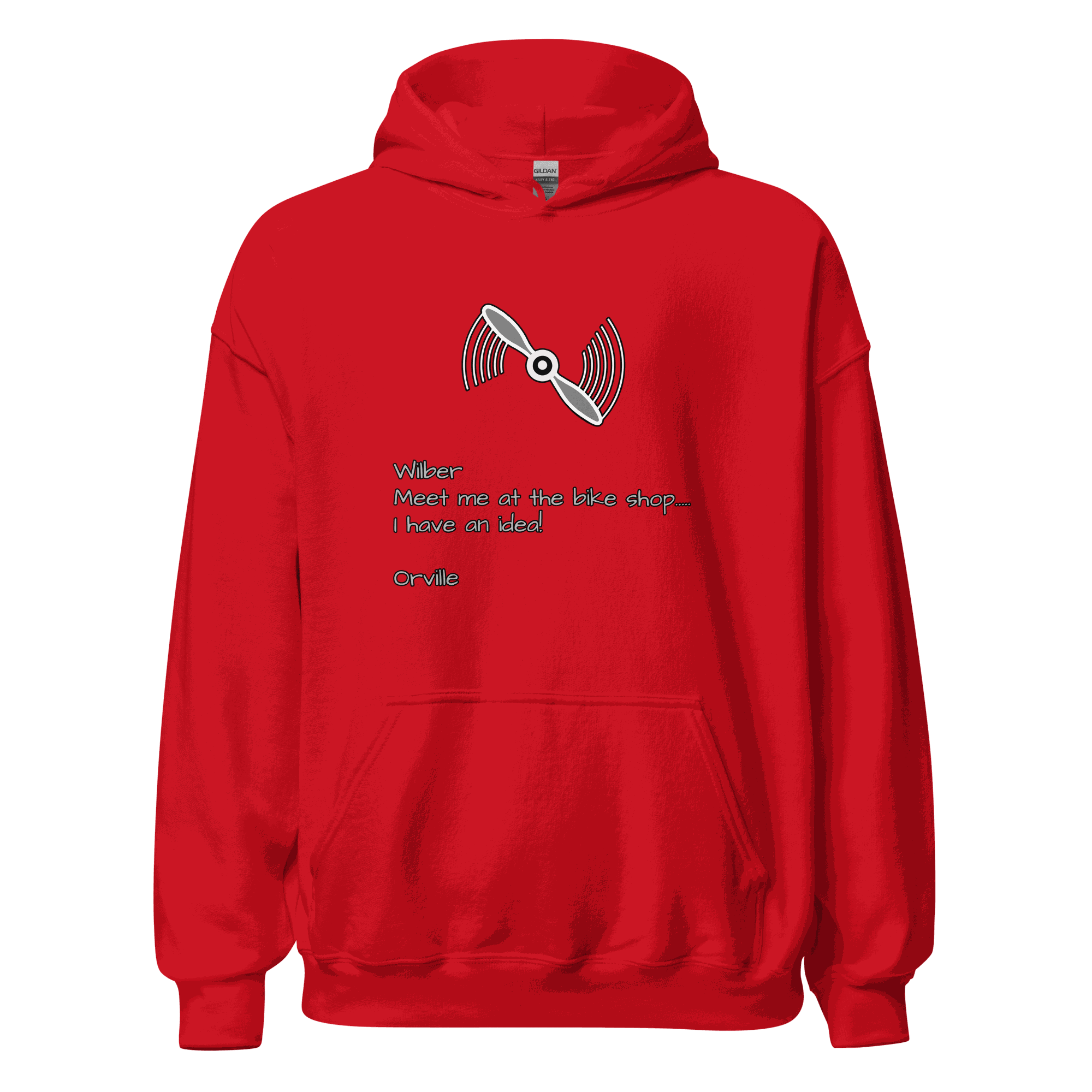 Red Wilber and Orville Bike Shop Hoodie with bike propeller graphic and text design, soft cotton blend pullover with front pouch pocket and drawstring hood.