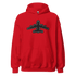 Red Jet pilot hoodie unisex hoodie with black airplane graphic and front pouch pocket, soft cotton-polyester blend.