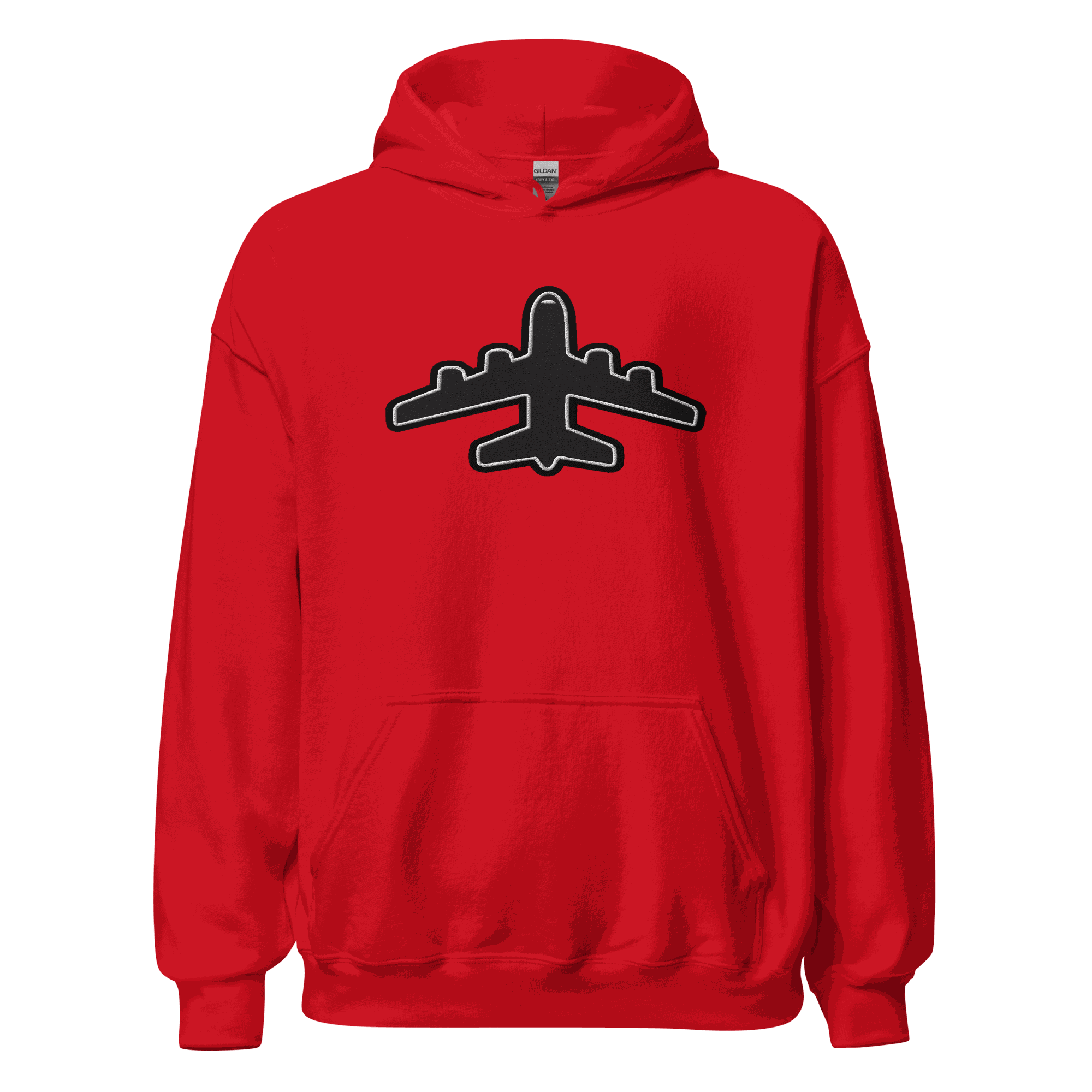 Red Jet pilot hoodie with black jumbo jet silhouette and front pouch pocket