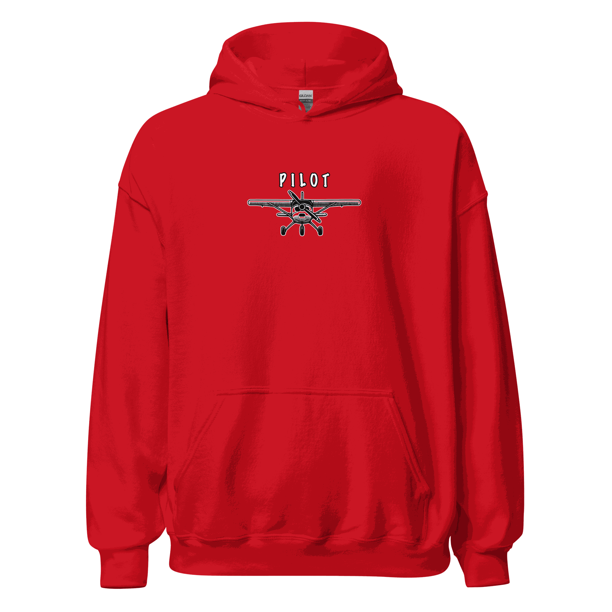 Red Aviation Pilot Unisex Hoodie with plane graphic and "PILOT" text, cozy and casual aviation apparel