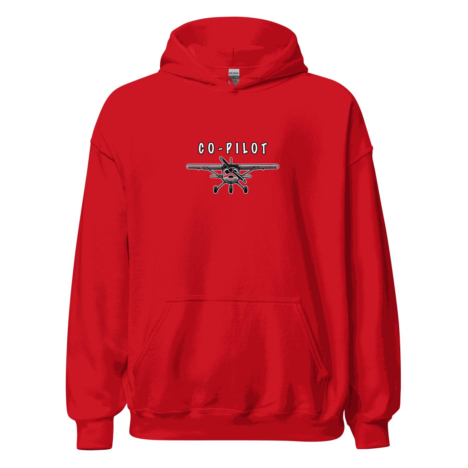 Co-Pilot Unisex Hoodie red with airplane graphic and kangaroo pocket
