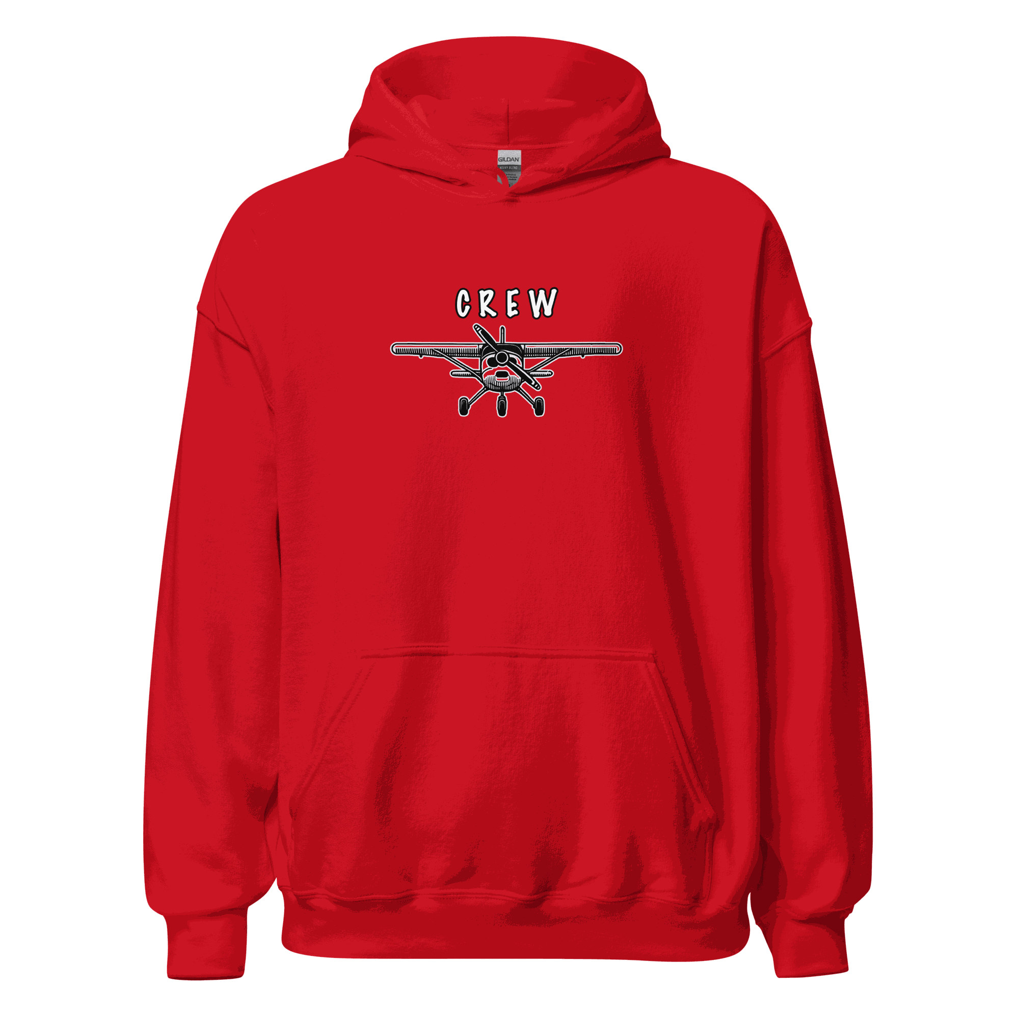 Red crew unisex hoodie with airplane graphic and front pouch pocket, soft cotton-polyester blend