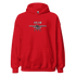 Red Crew Unisex Hoodie with airplane graphic and front pouch pocket, soft cotton-polyester blend, double-lined hood and rib-knit cuffs.