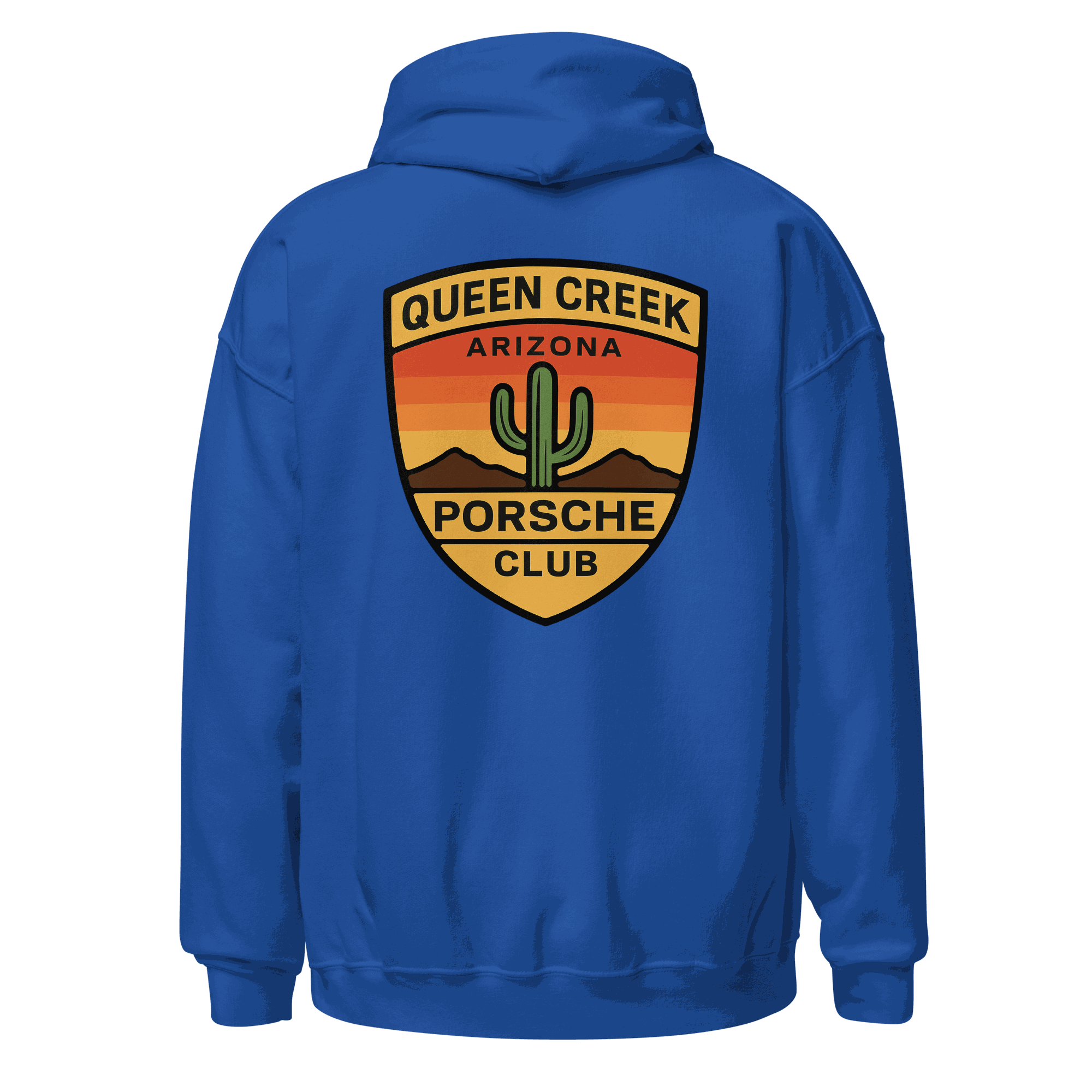 Blue Queen Creek PCAR Club unisex hoodie with Arizona desert logo on back