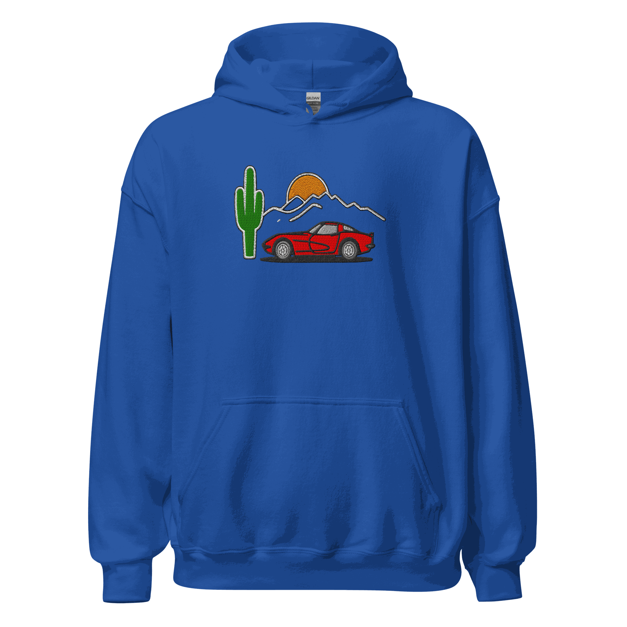 blue esports racing hoodie with embroidered red race car, cactus, and mountain design, unisex streetwear with drawstring hood and kangaroo pocket