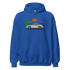blue hoodie with embroidered sports car, cactus, and sunset design, unisex car enthusiast apparel