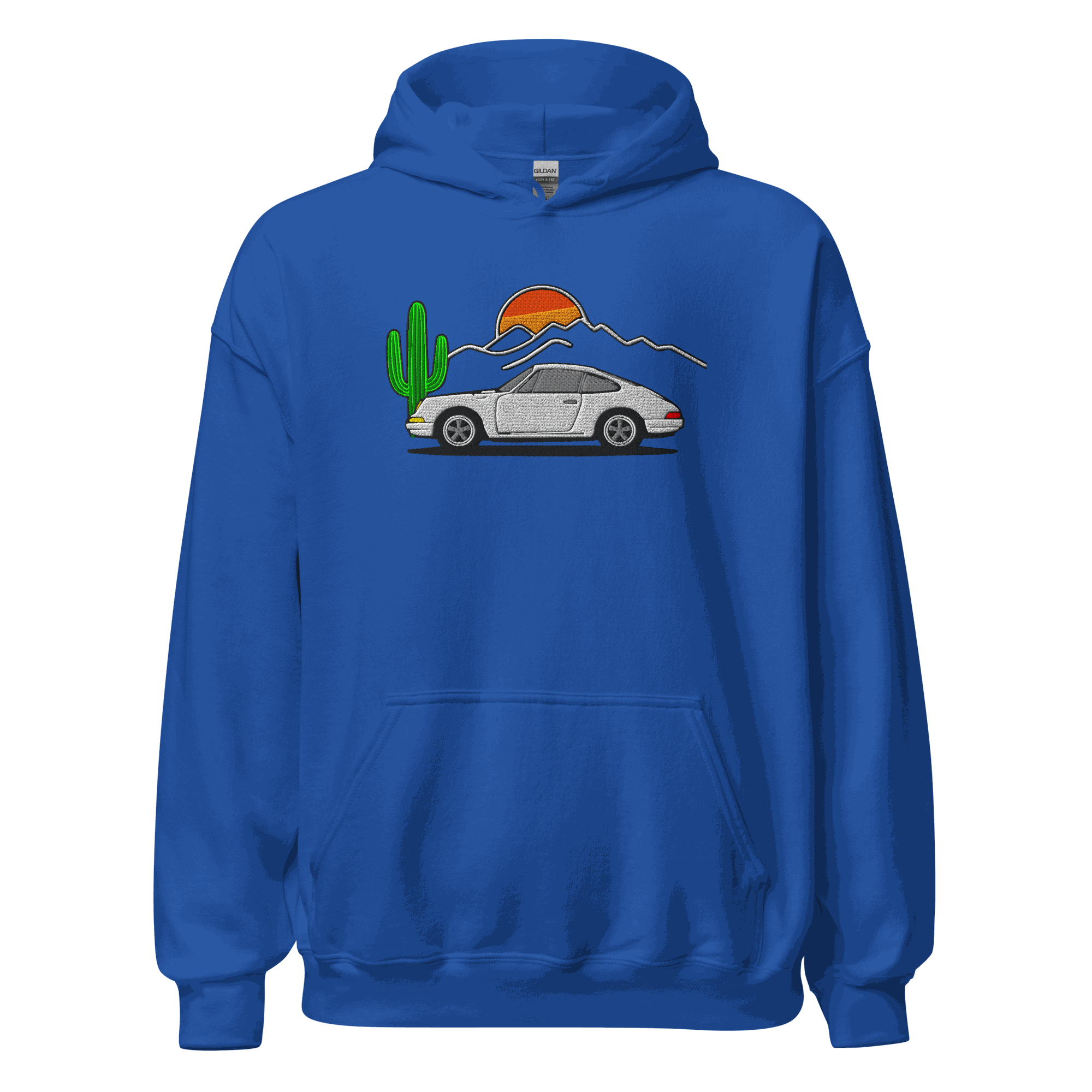 Blue embroidered sports car hoodie with desert sunset design unisex fleece-lined pullover sweatshirt
