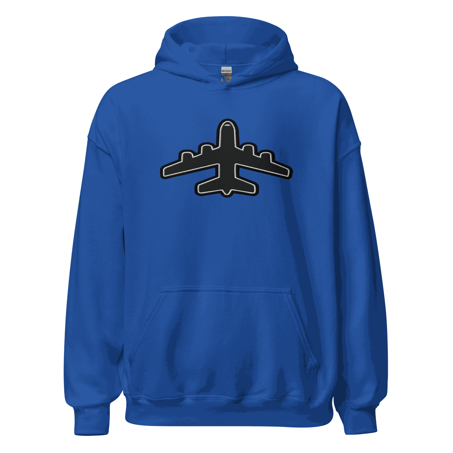 Jumbo Jet pilot hoodie in blue with airplane graphic, soft cotton-poly blend, double-lined hood, front pouch pocket, and rib-knit cuffs and waistband.