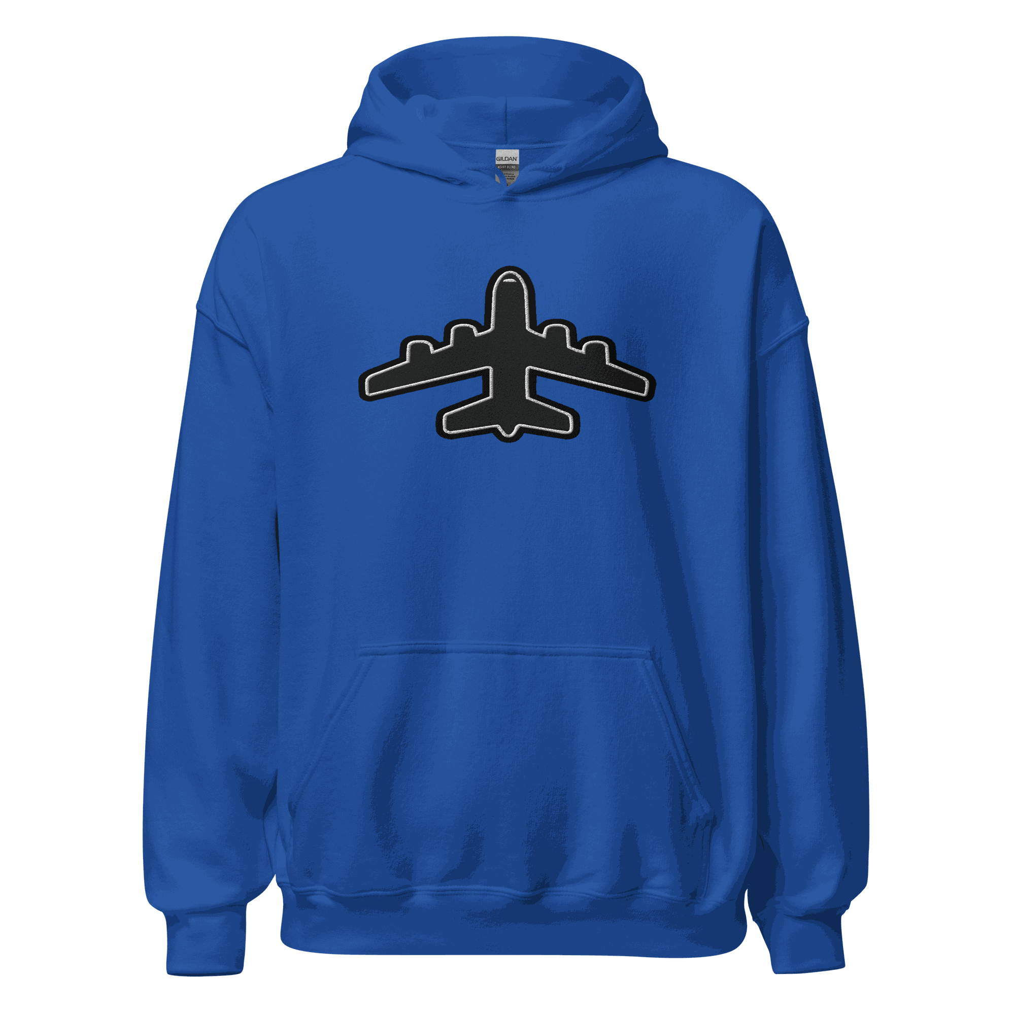 Jumbo Jet pilot hoodie in blue with airplane graphic, soft cotton-poly blend, double-lined hood, front pouch pocket, and rib-knit cuffs and waistband.