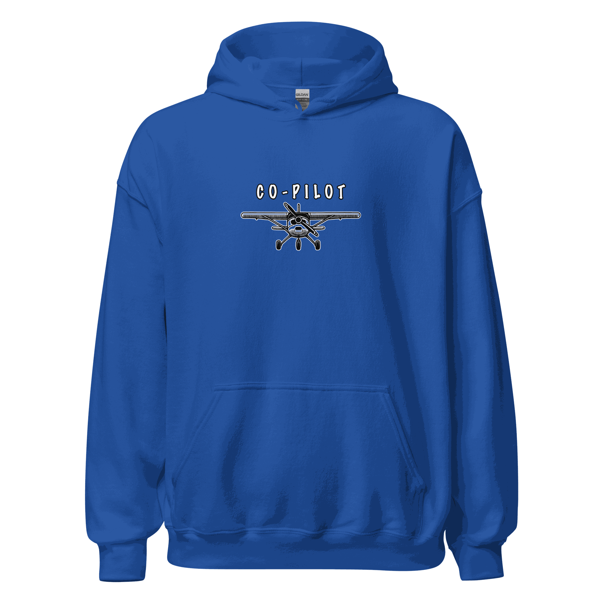 Co-Pilot Unisex Hoodie blue with airplane graphic and kangaroo pocket for comfortable travel wear