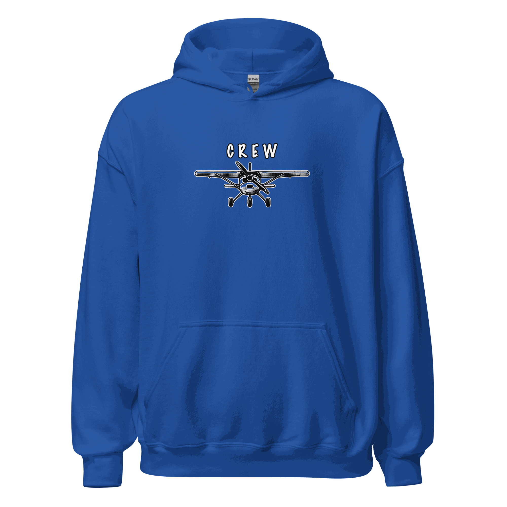 Blue Crew Unisex Hoodie with airplane graphic and front pouch pocket, made of soft cotton-polyester blend