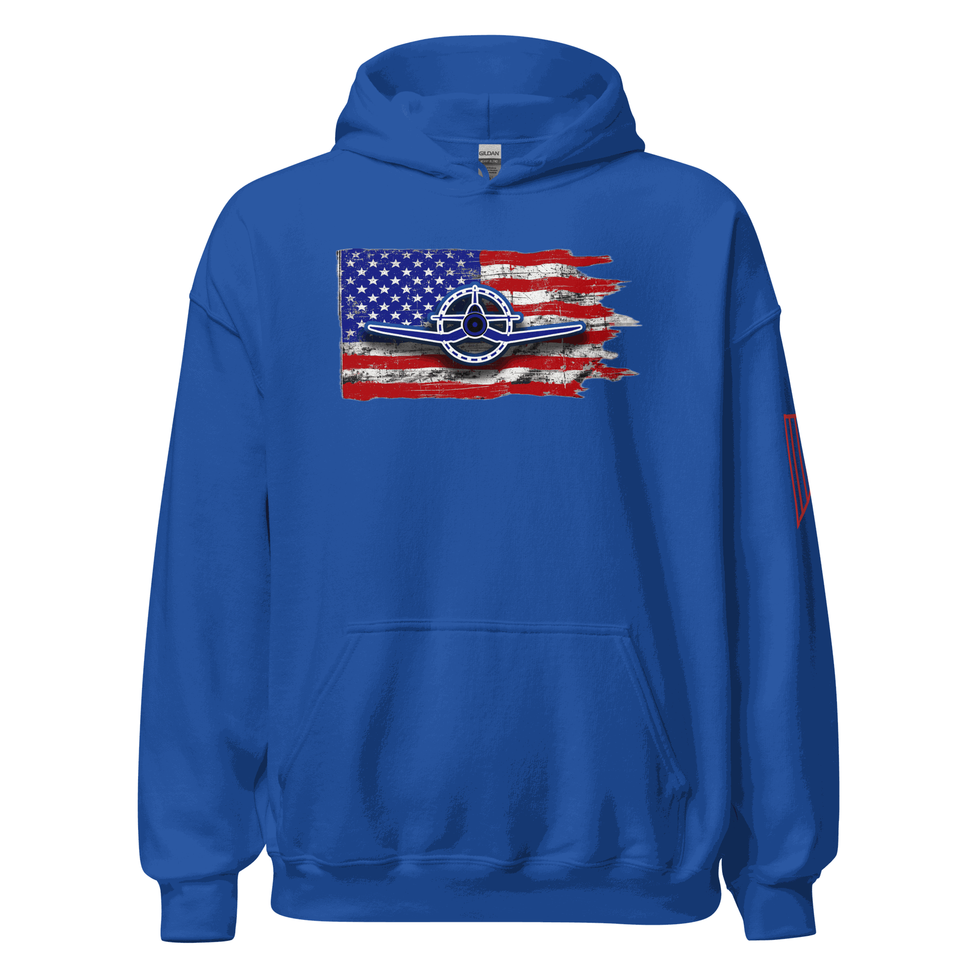 F4U Flag Unisex Hoodie front view with double-lined hood and front pouch pocket