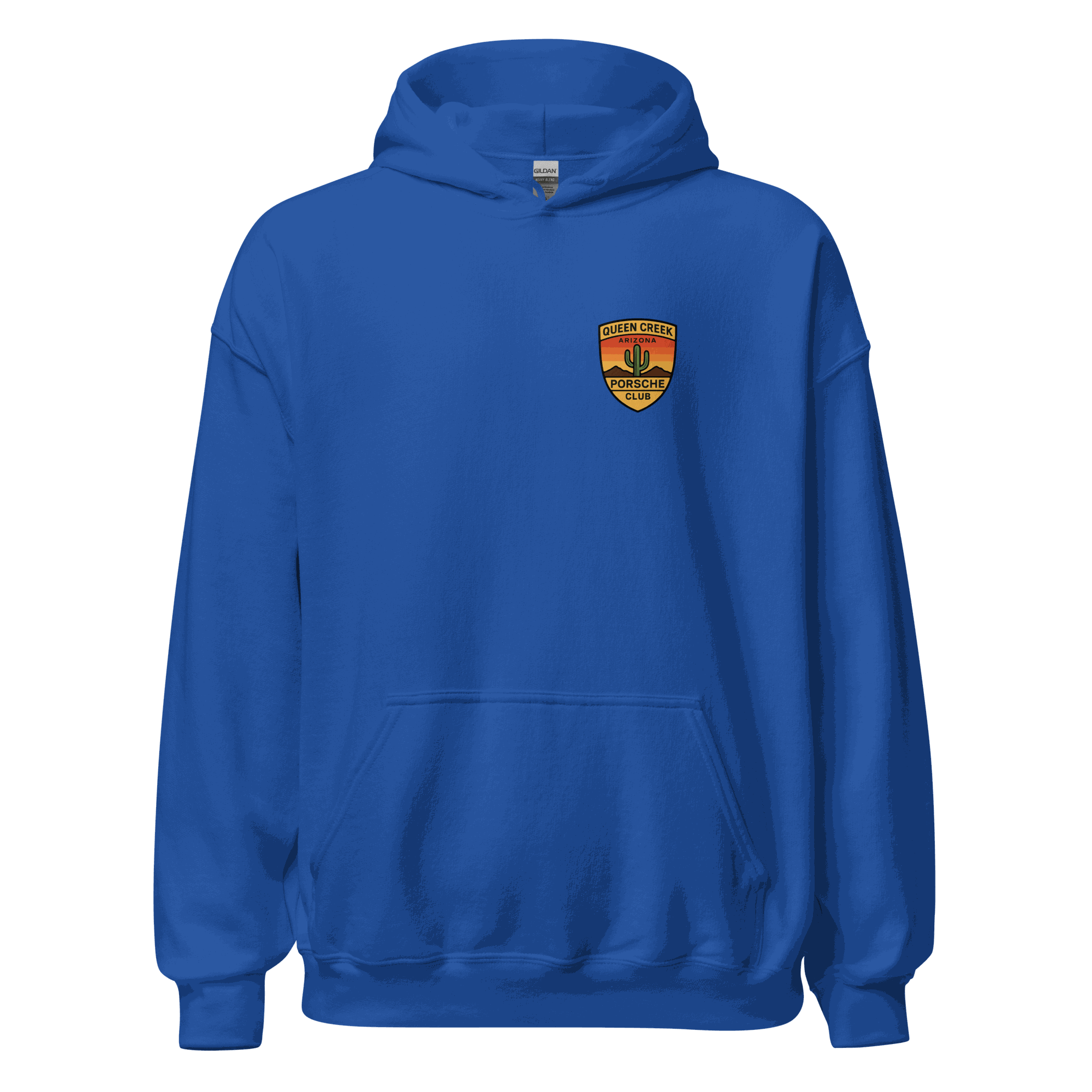 Queen Creek PCAR Club unisex hoodie in blue with front pouch pocket and club logo on chest
