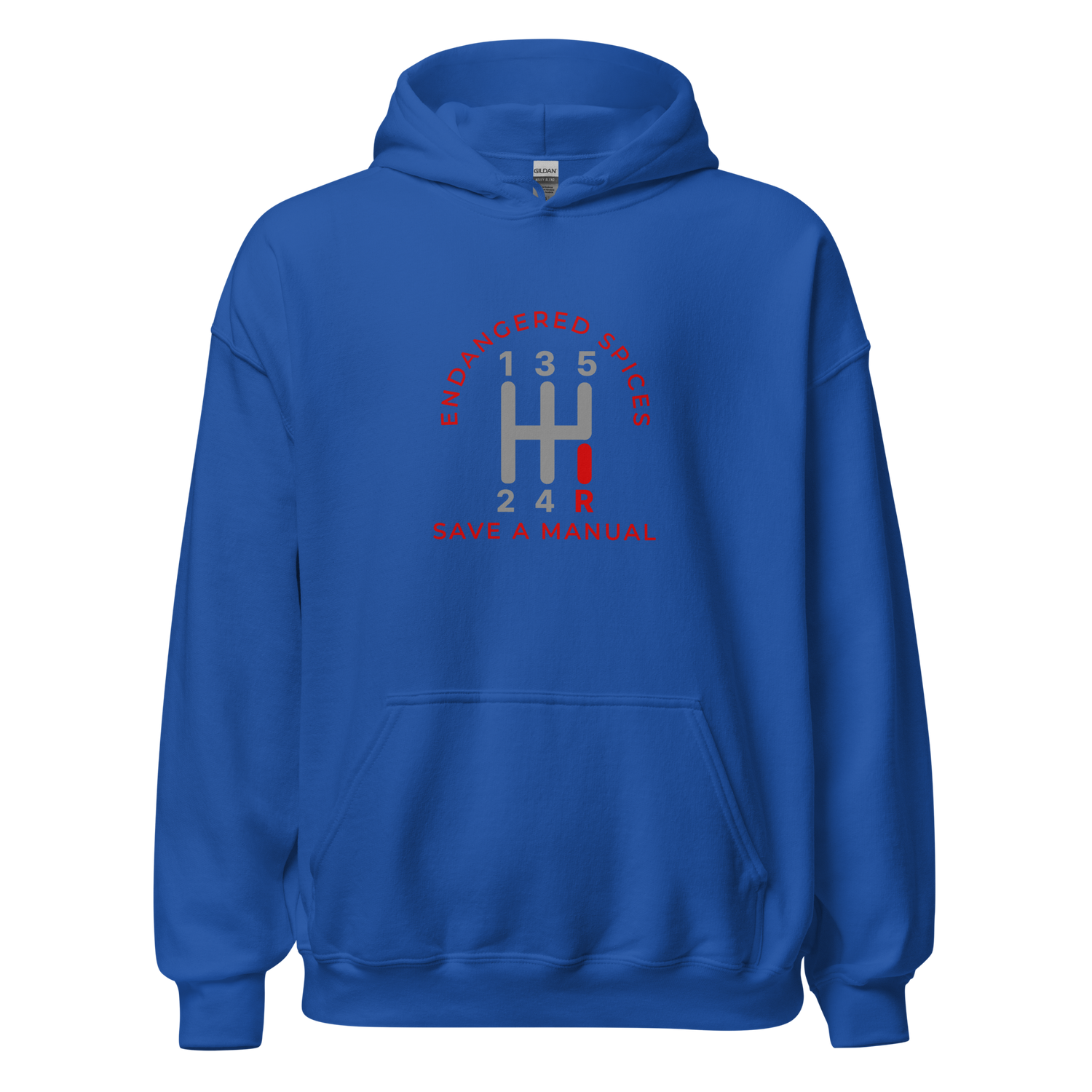 Blue endangered species hoodie with manual transmission gear design and "Save a Manual" text