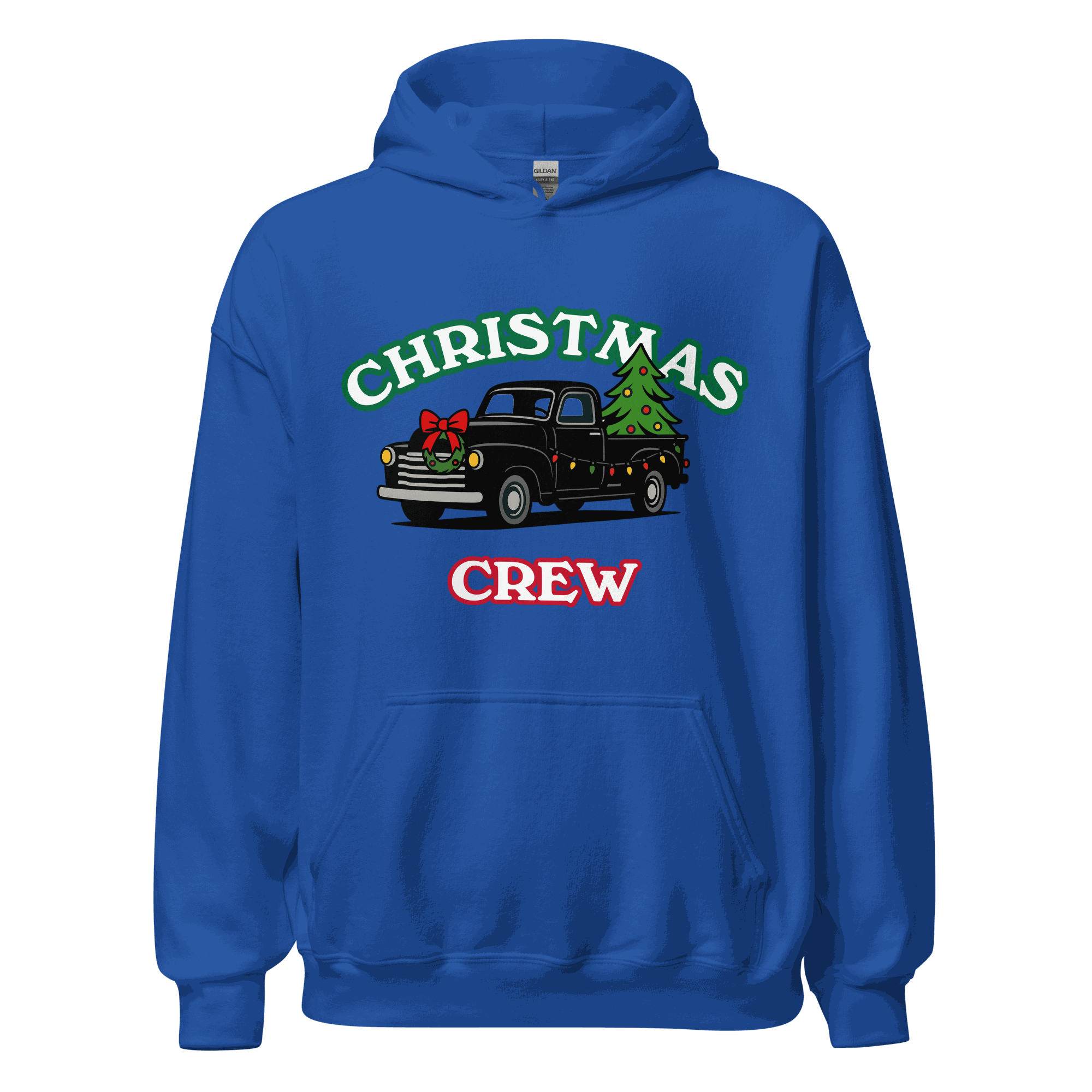 Blue Christmas Crew hoodie with vintage truck and tree graphic, festive holiday sweatshirt
