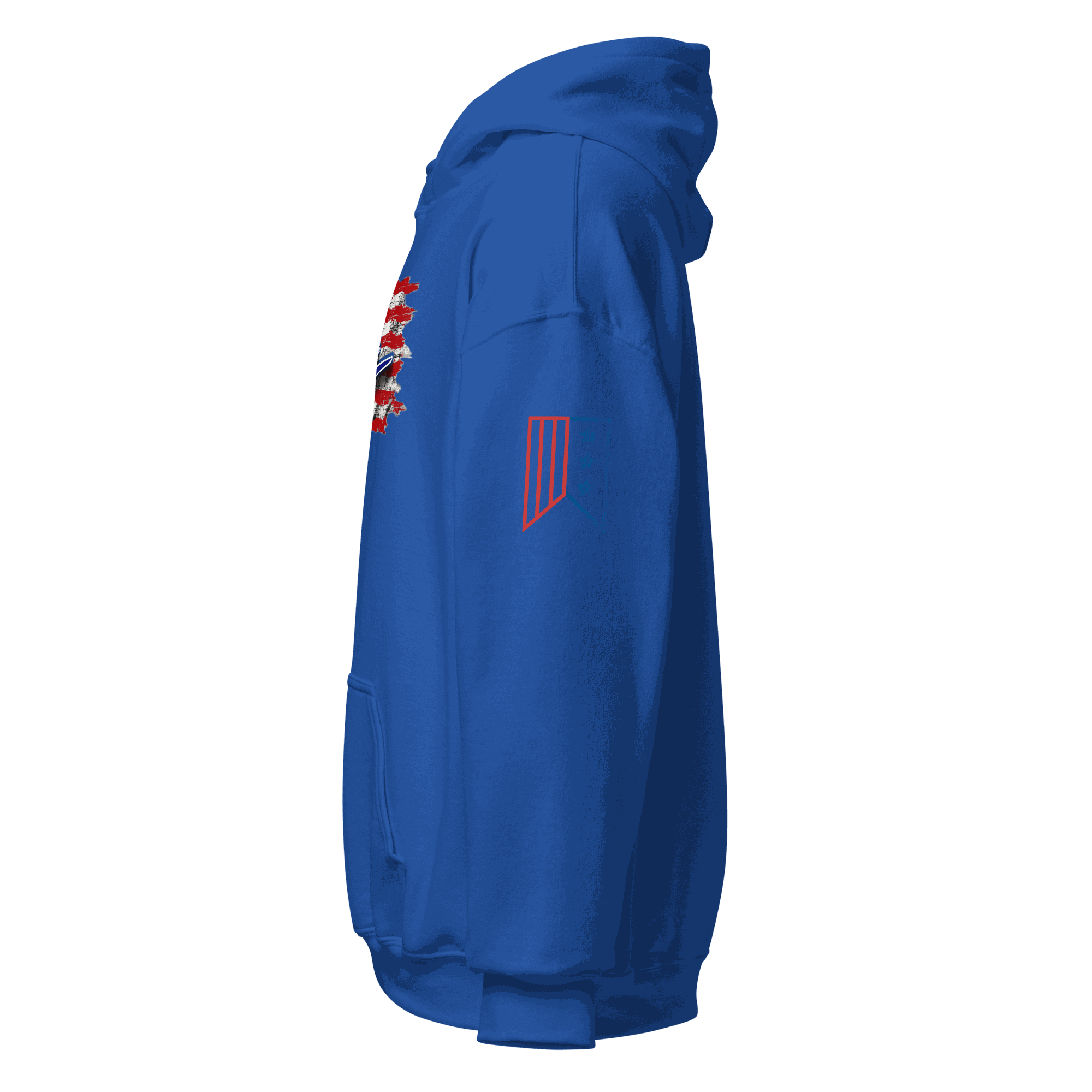 F4U Flag Unisex Hoodie in blue, showcasing a side view design featuring classic aviation graphics.