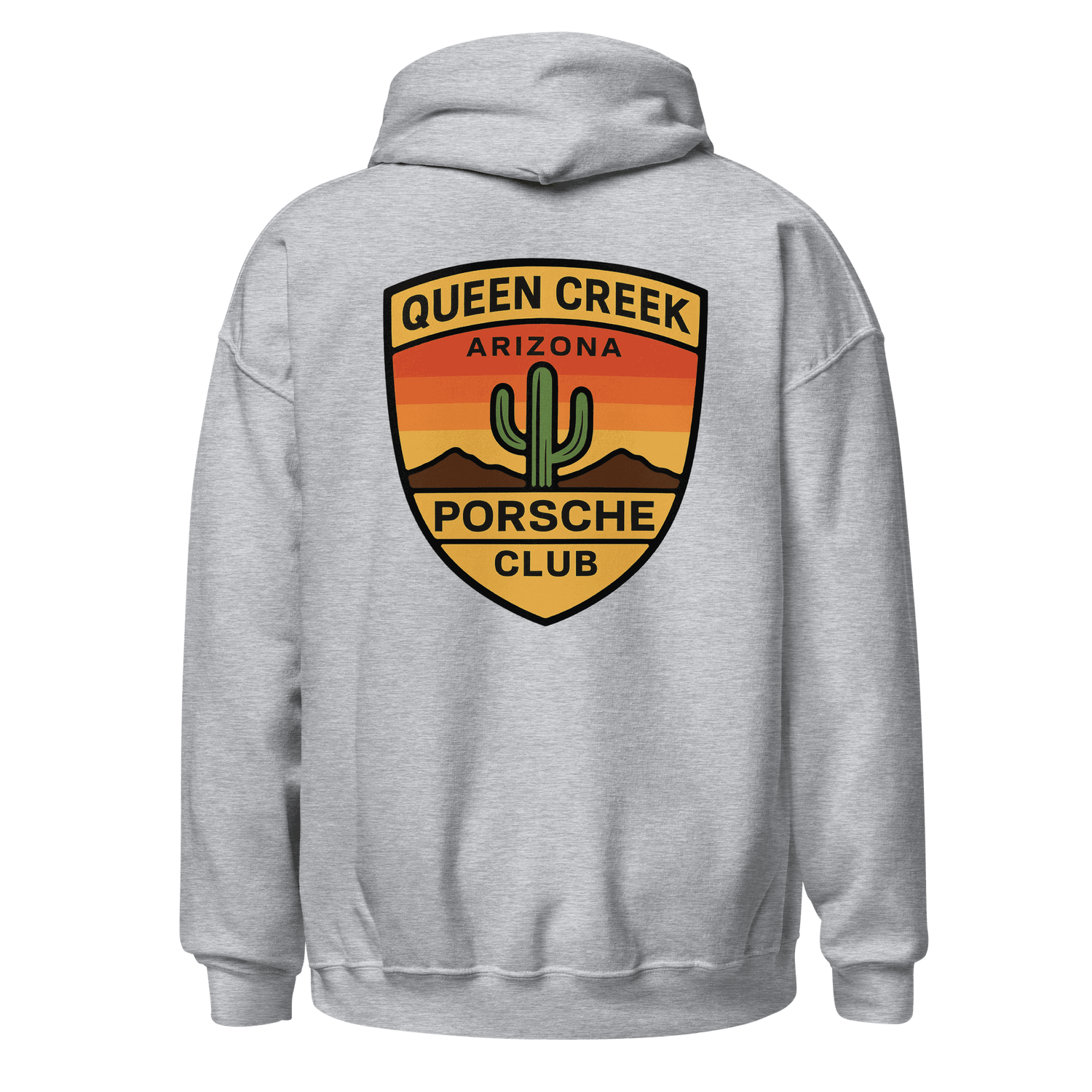 Queen Creek PCAR Club unisex hoodie in light gray with Arizona-themed logo on back